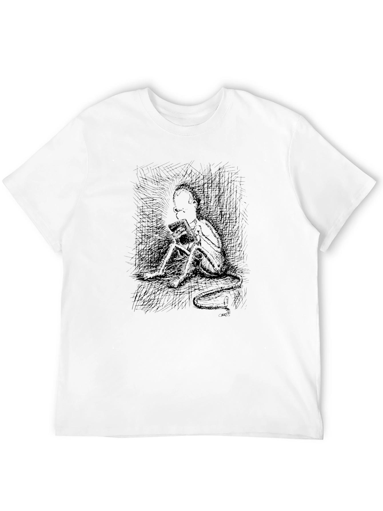 Black Eerie Sketch Print Black T-Shirt view 12