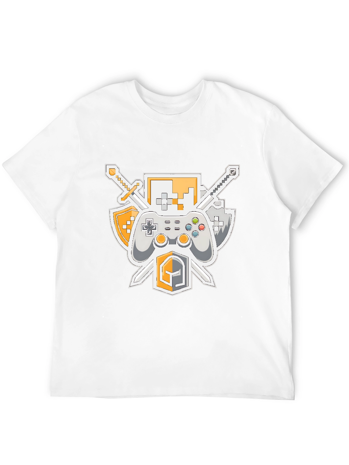 Black Gamer's Crest T-Shirt - Swords, Controller, & Shield Design view 12