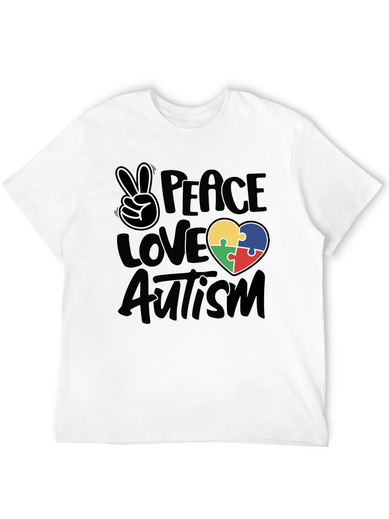 Black Peace Love Autism Puzzle Heart T-Shirt view 12