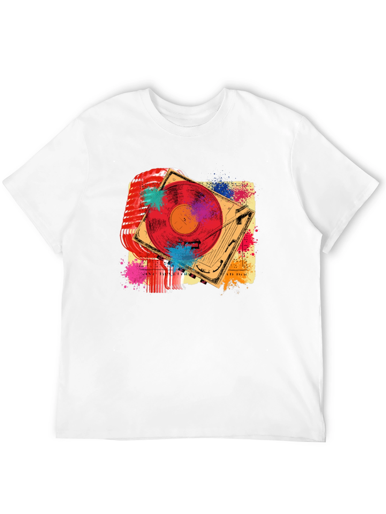 Black Retro Music T-Shirt - Microphone & Turntable Design view 12