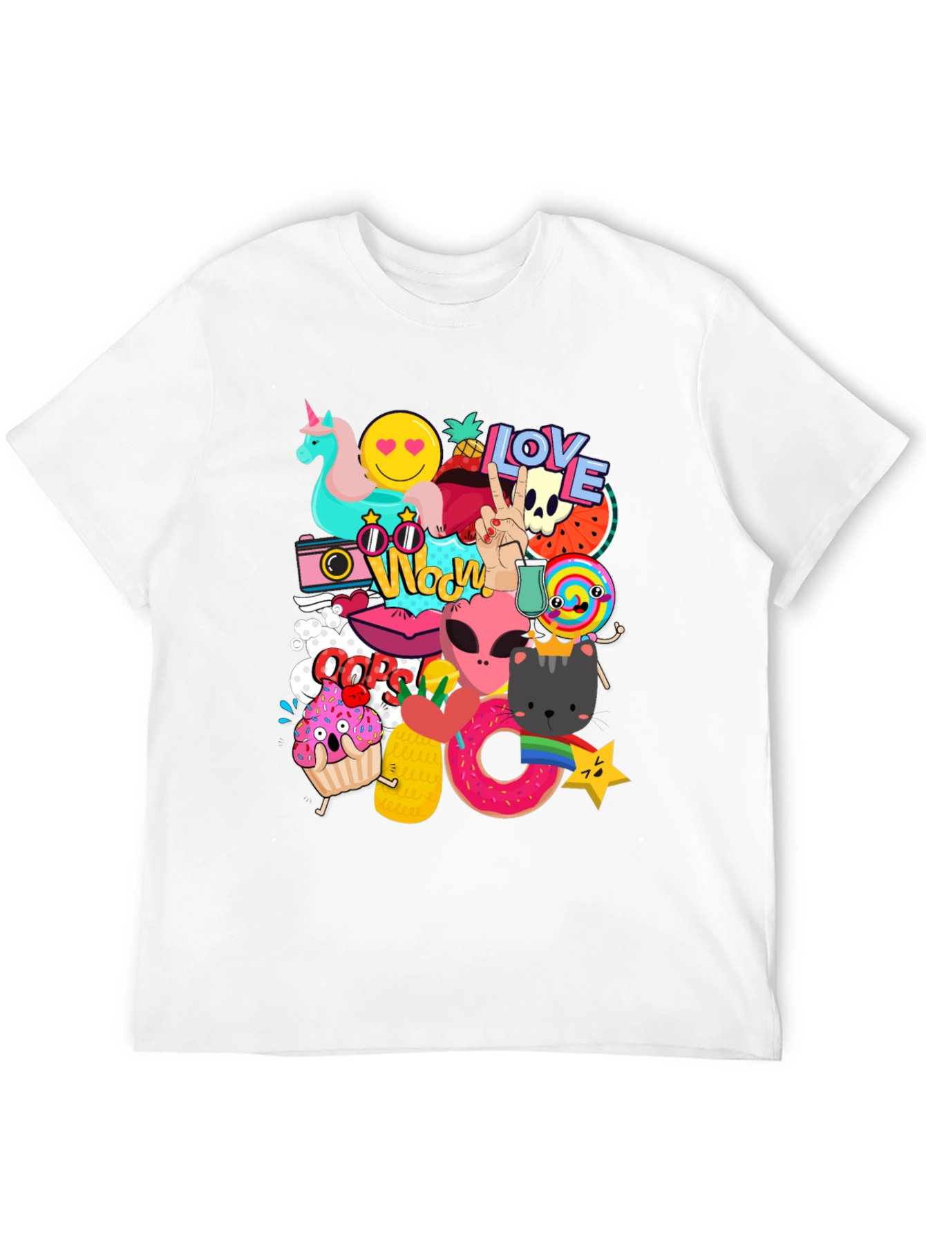 Black Funky Graphic Tee: Cartoon Sticker Bomb Design view 12