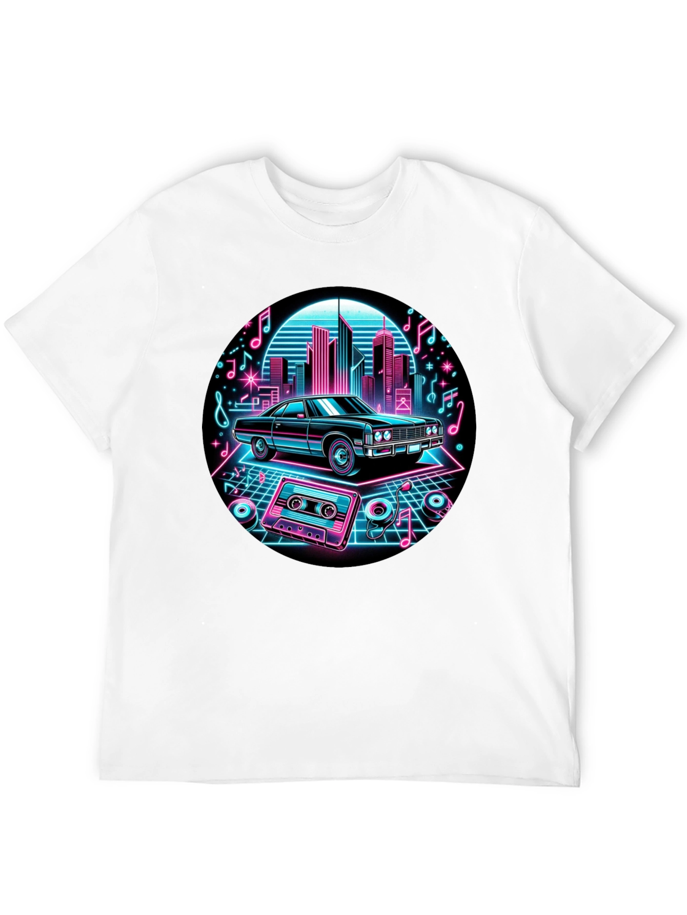 Black Retro Car T-Shirt - Neon Cityscape Design view 12