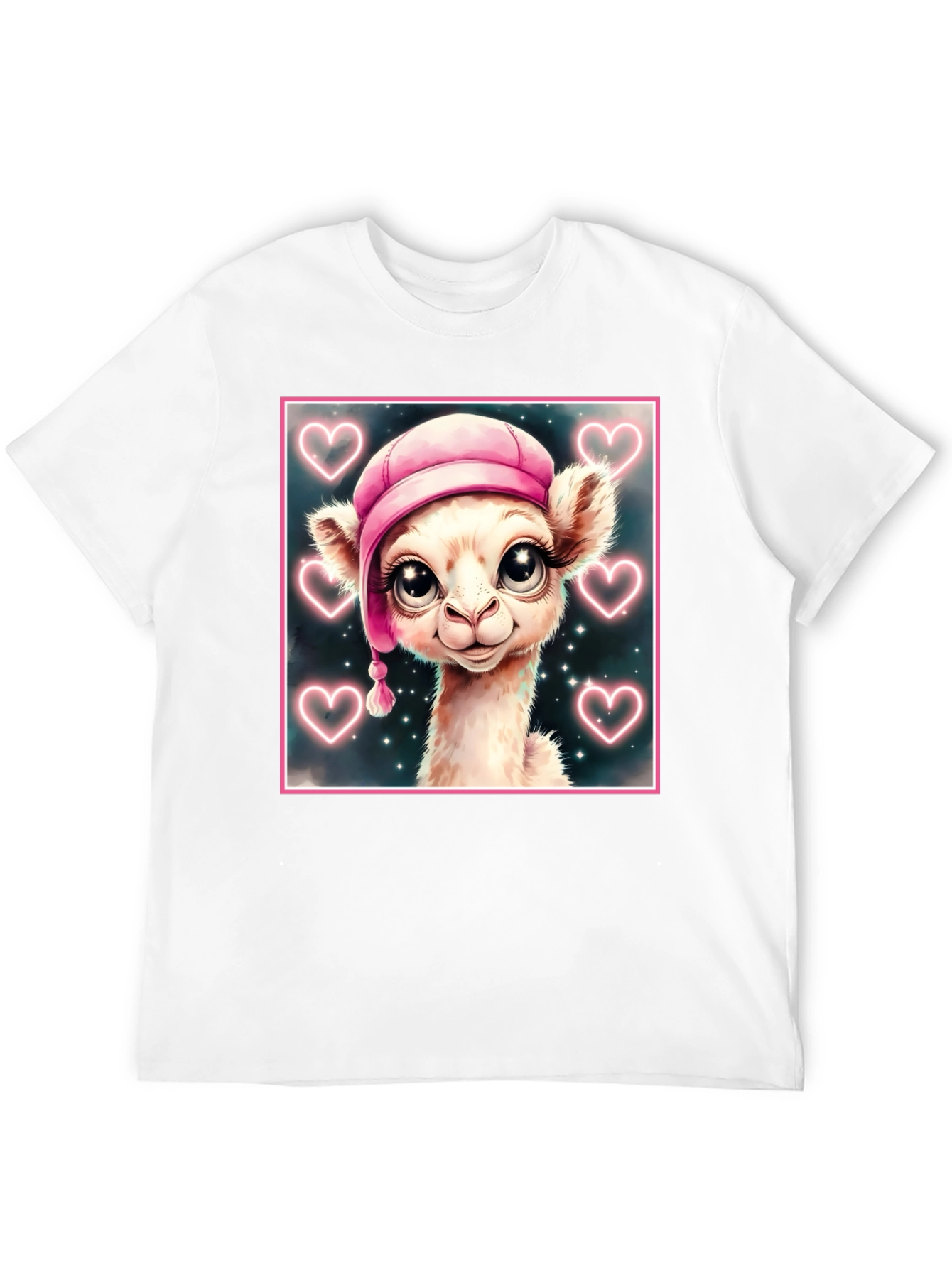 Black Cute Llama in Pink Hat - Graphic Tee view 12