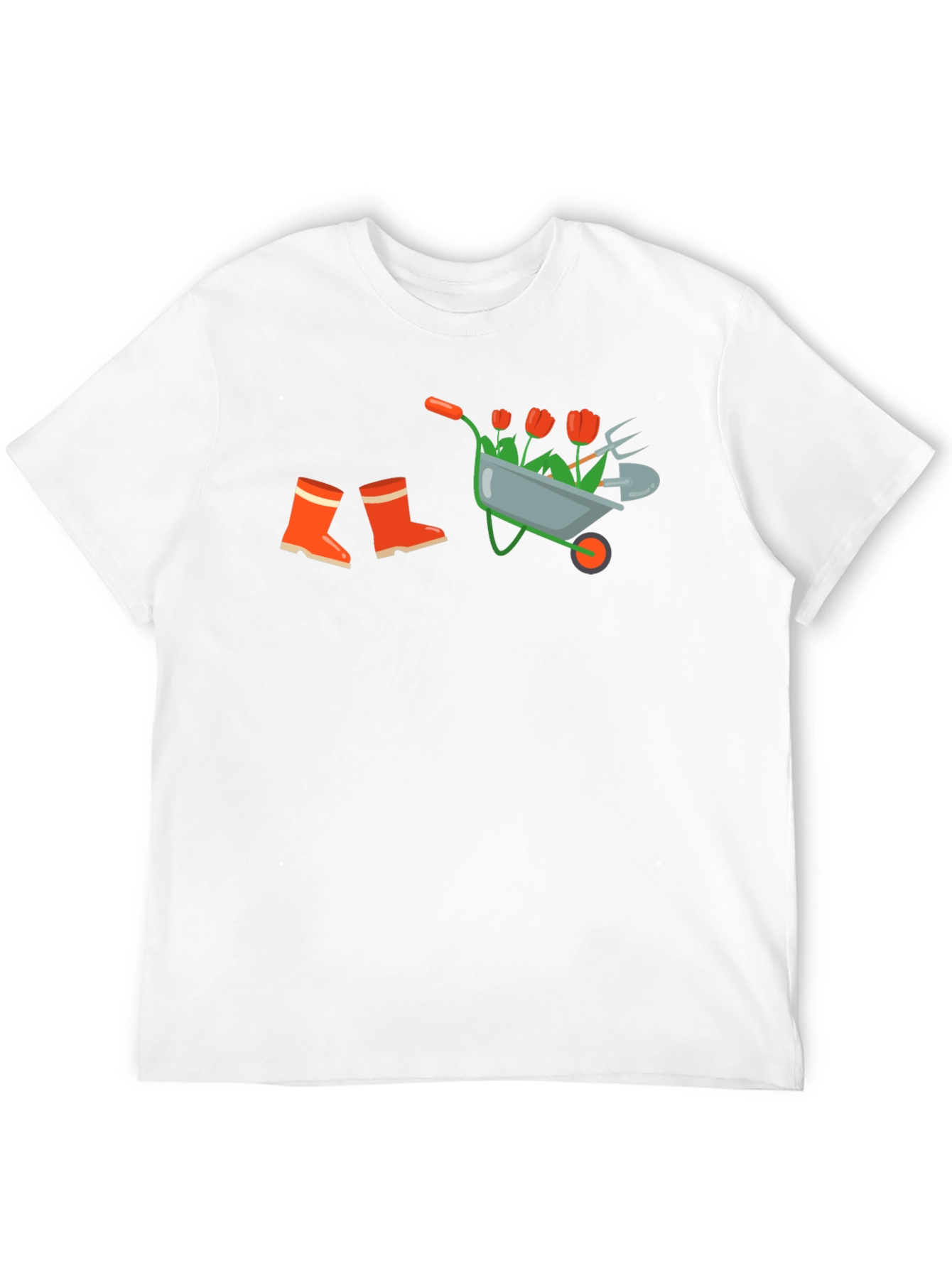 Black Gardening T-Shirt: Wheelbarrow, Boots & Tools Design view 12