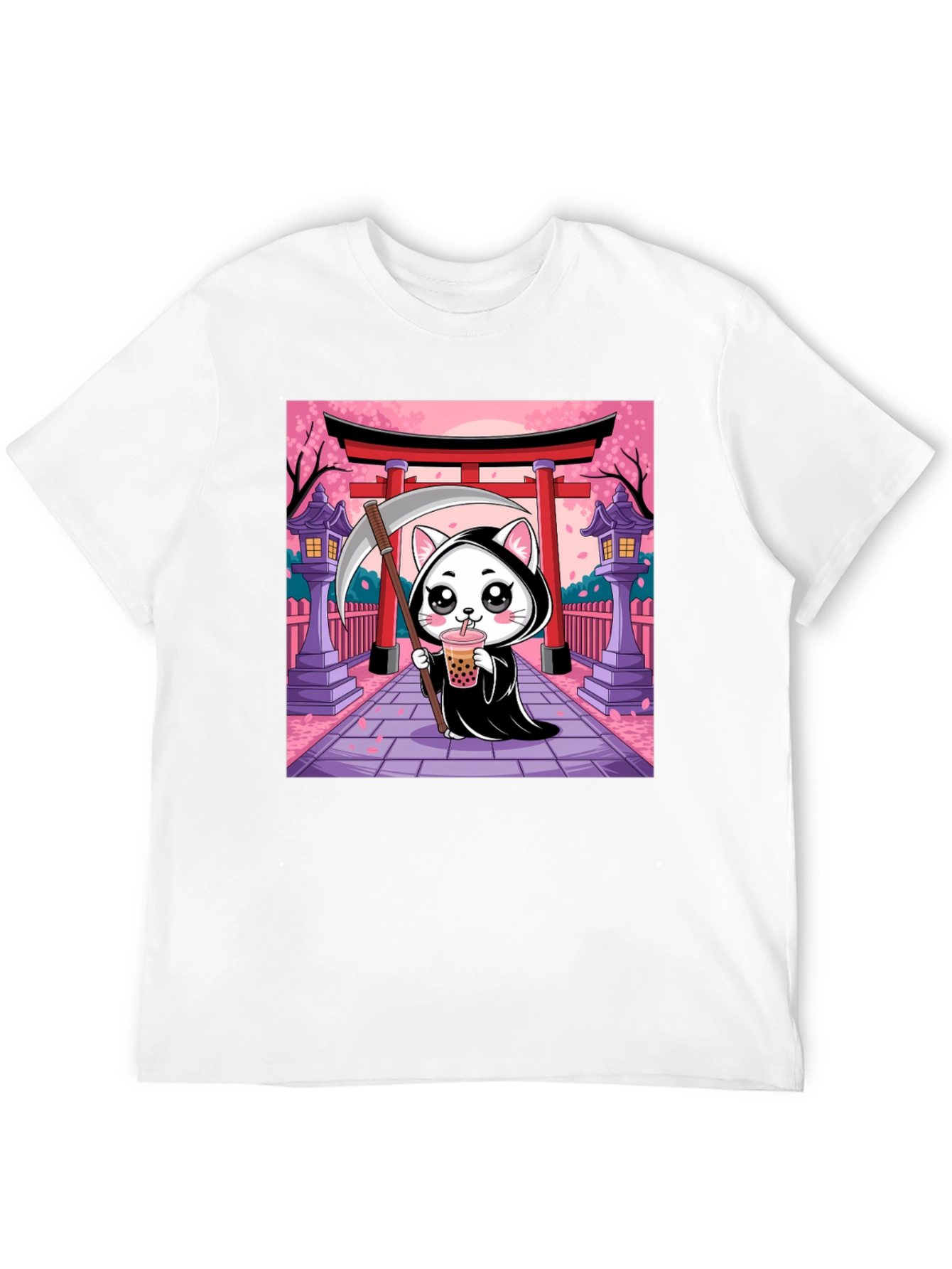Black Kawaii Grim Reaper Cat T-Shirt view 12