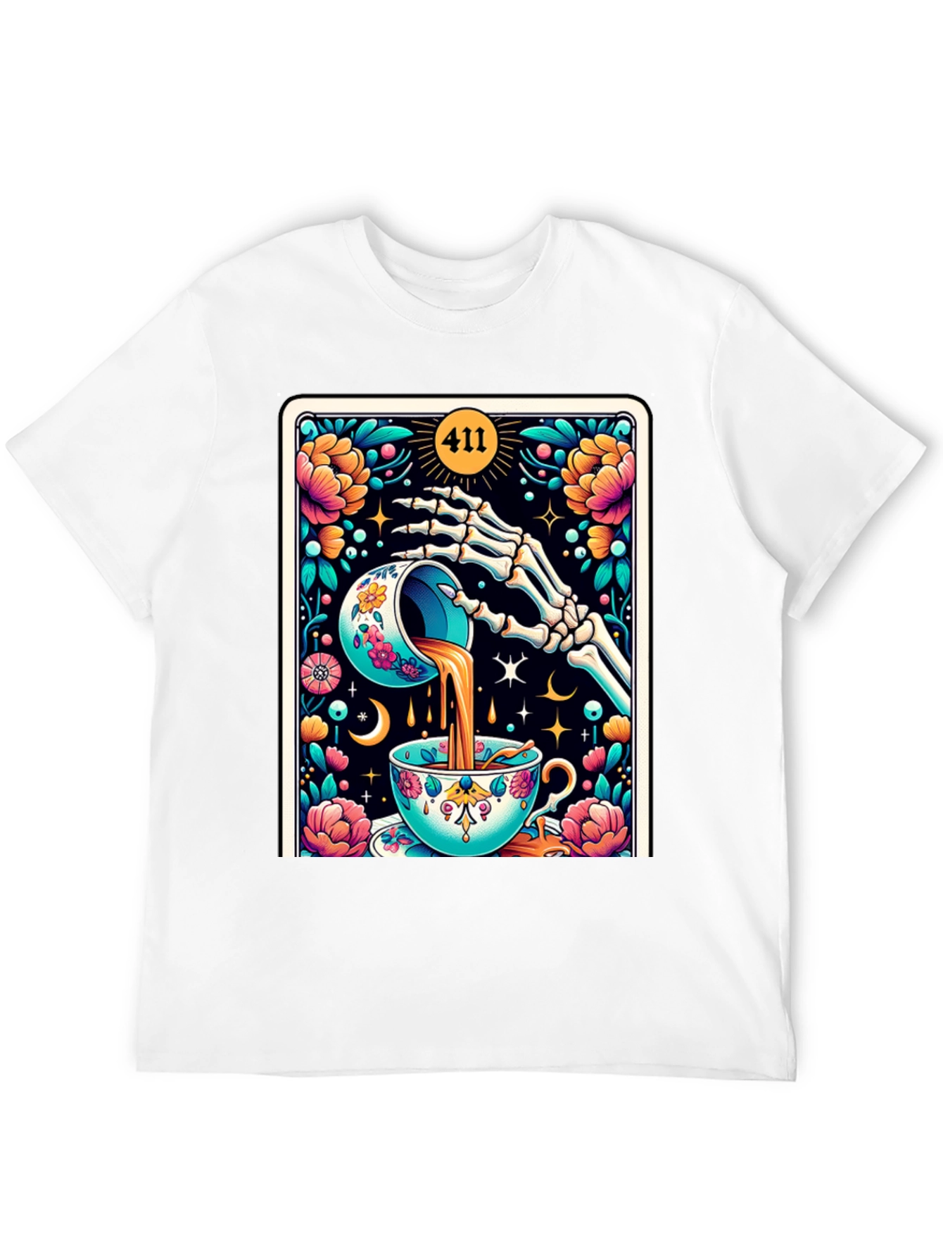 Black Floral Skeleton Tea Cup Tarot Graphic Tee view 12