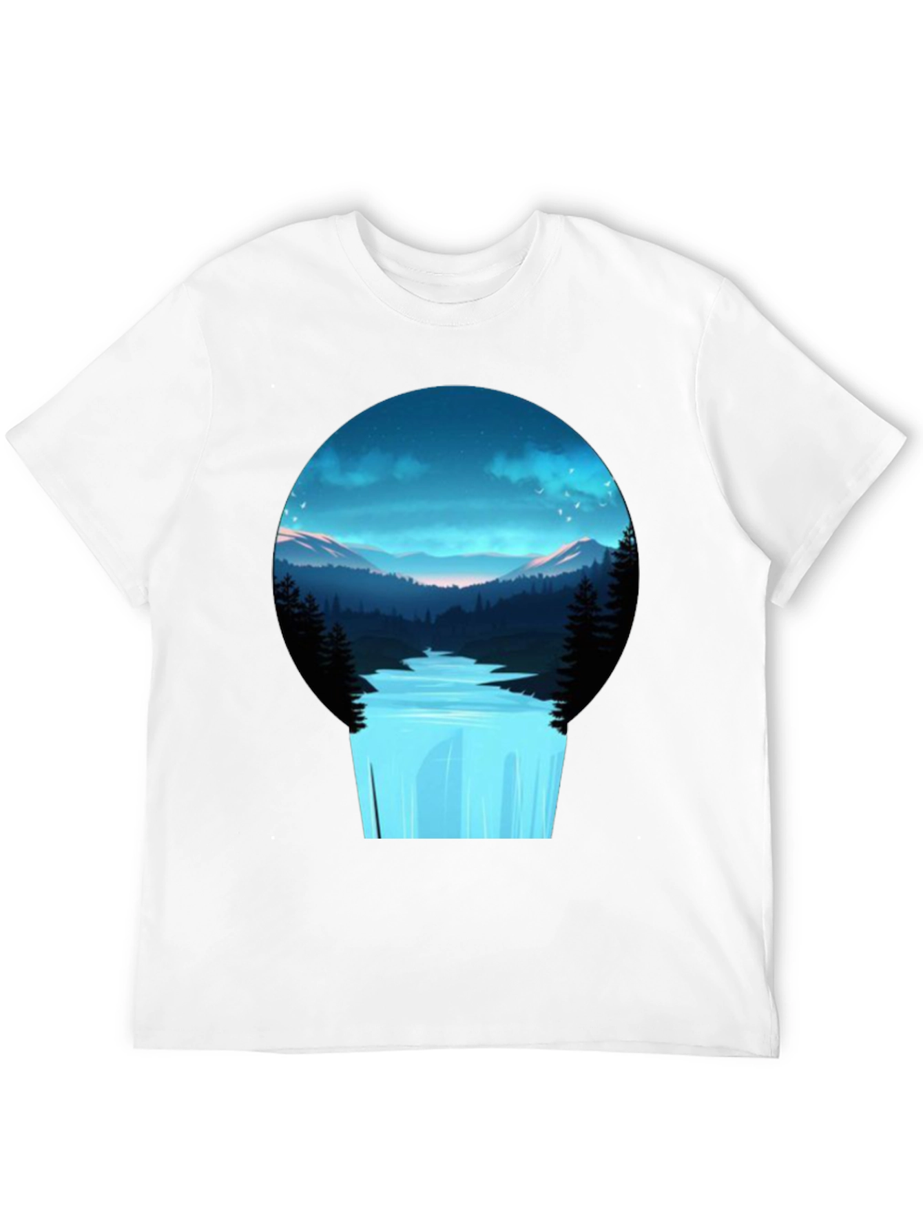 Black Nature Vista Black Tee - Artistic Mountain Waterfall Design view 12