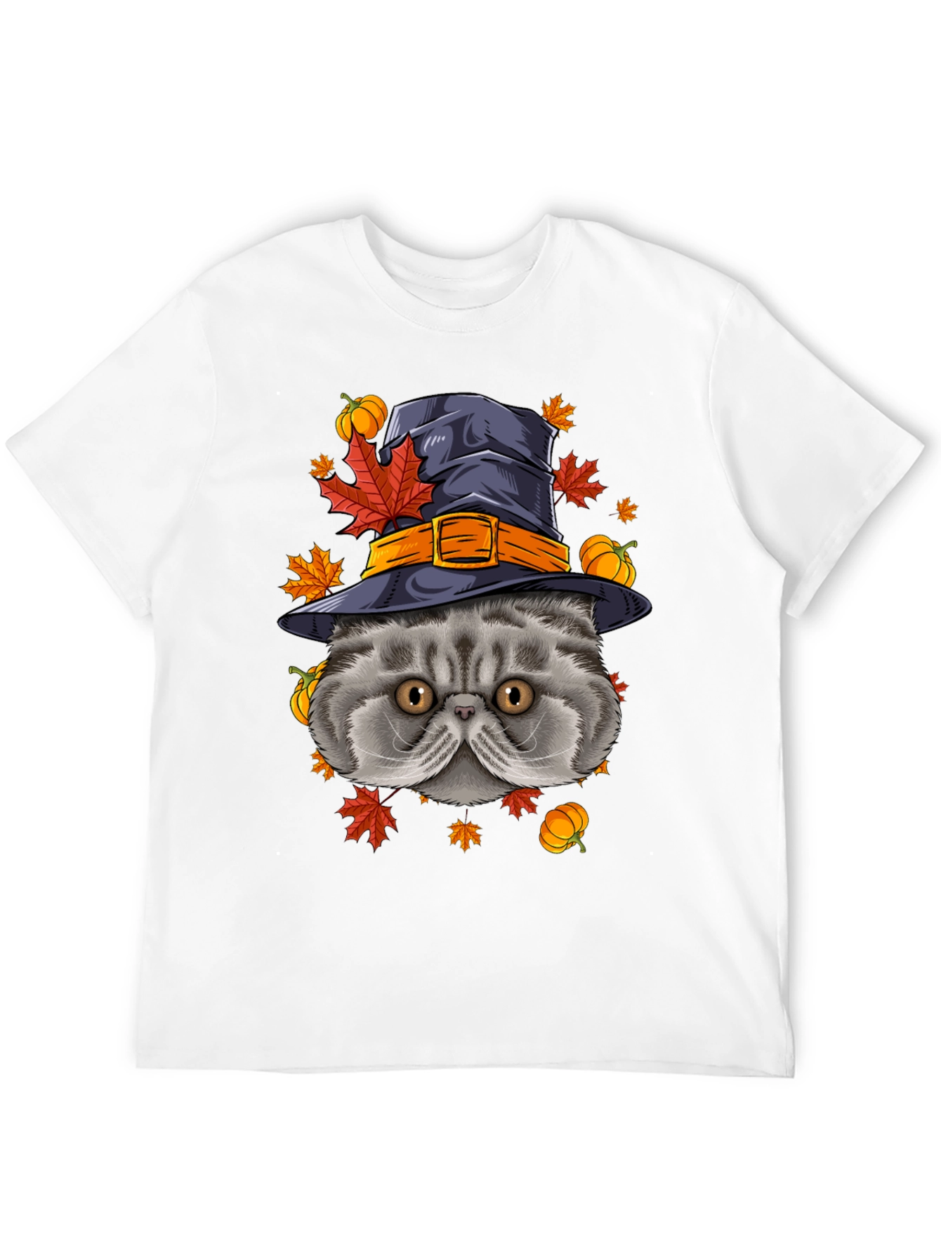 Black Halloween Cat T-Shirt with Witch Hat & Pumpkins view 12