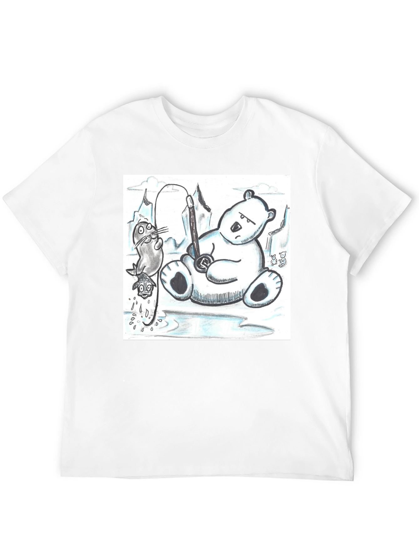 Black Cartoon Graphic Tee: Polar Bear Fishing view 12