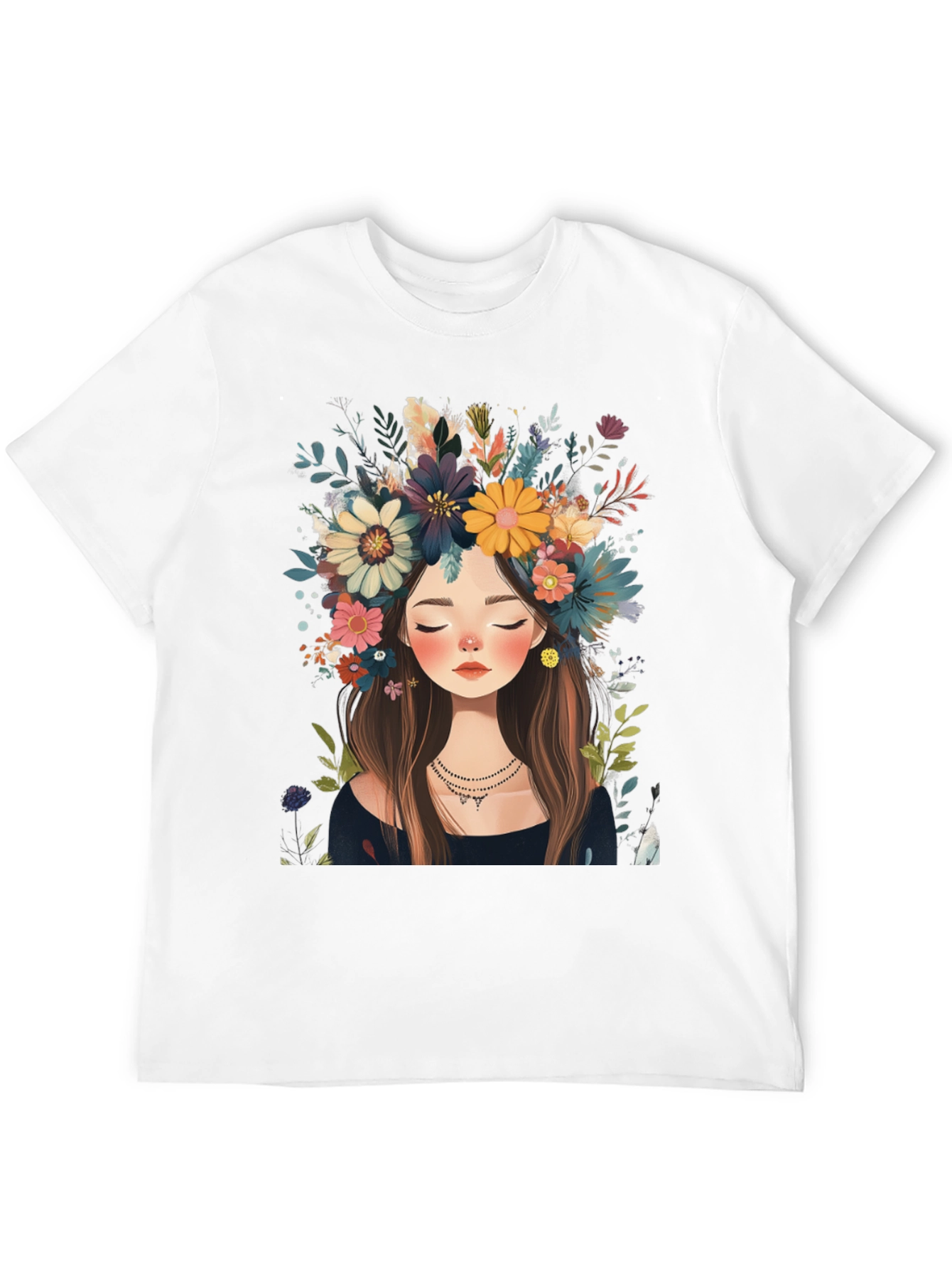 Black Floral Crown Girl Black T-Shirt view 12