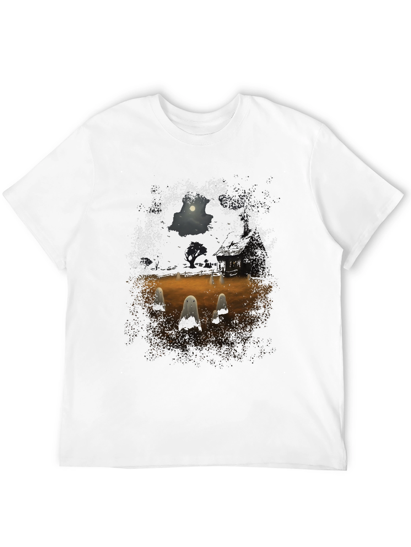 Black Spooky Ghost Scene Graphic T-Shirt view 12