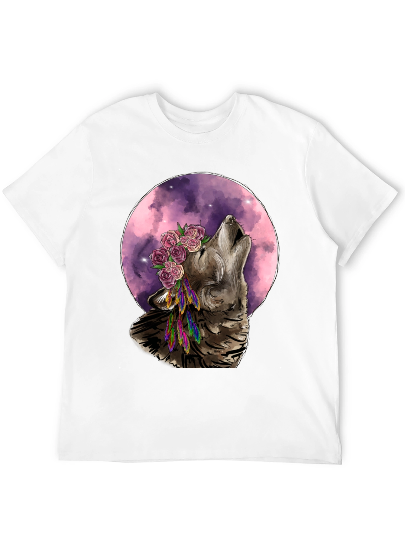 Black Wolf Moon Flower Crown T-Shirt - Nature Inspired Graphic Tee view 12