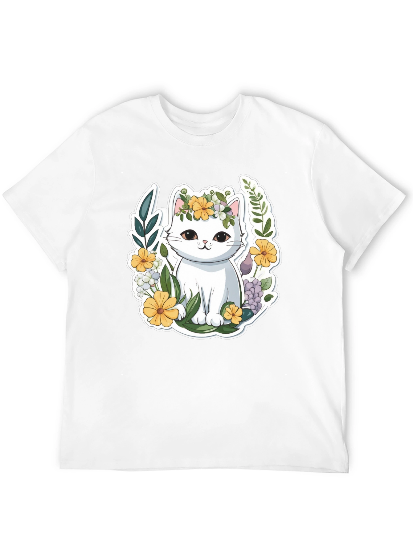 Black Cute Cat Floral Wreath Graphic Tee view 12