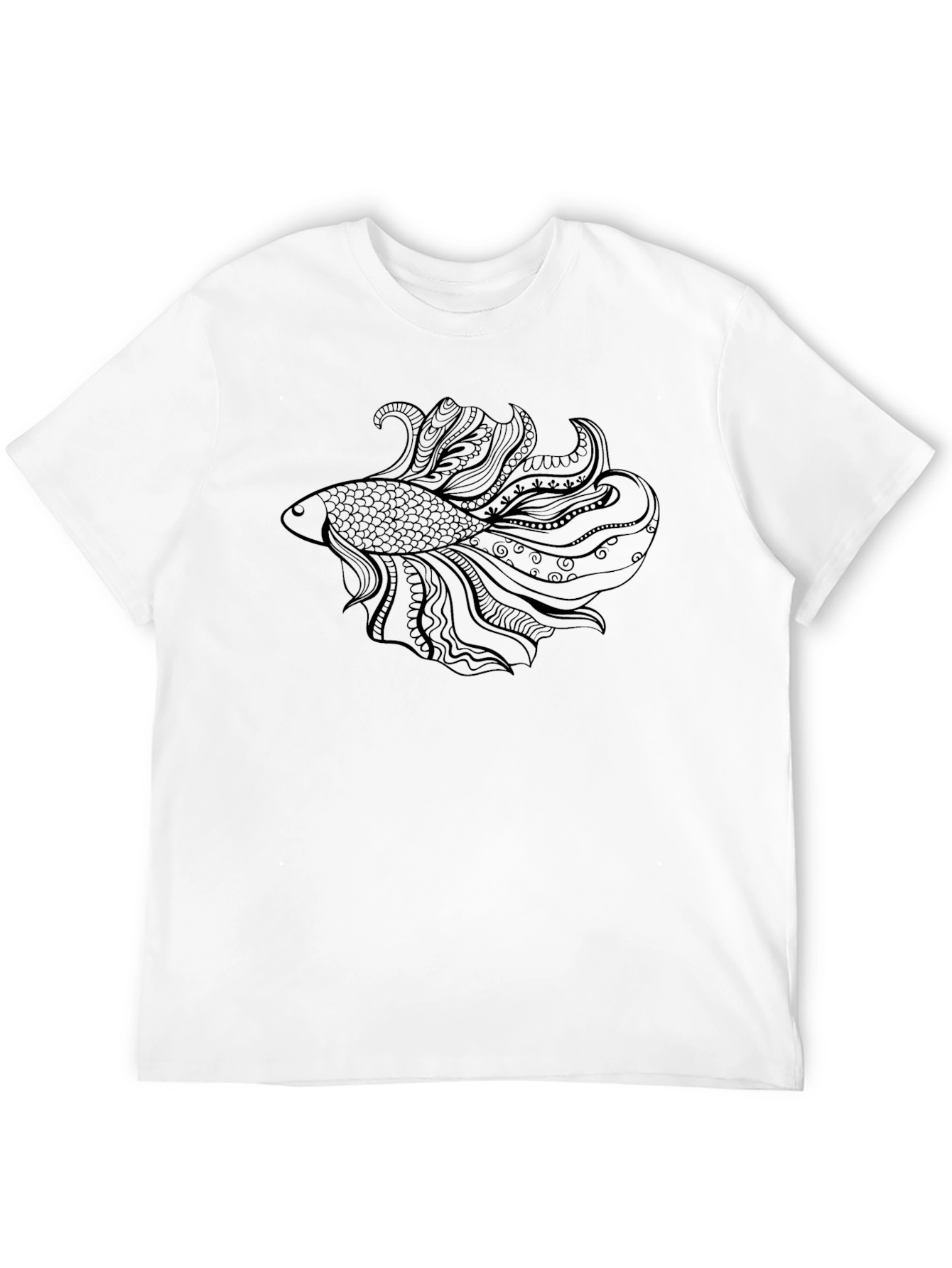 Black Men's Black T-Shirt with Ornamental Fish Design view 12
