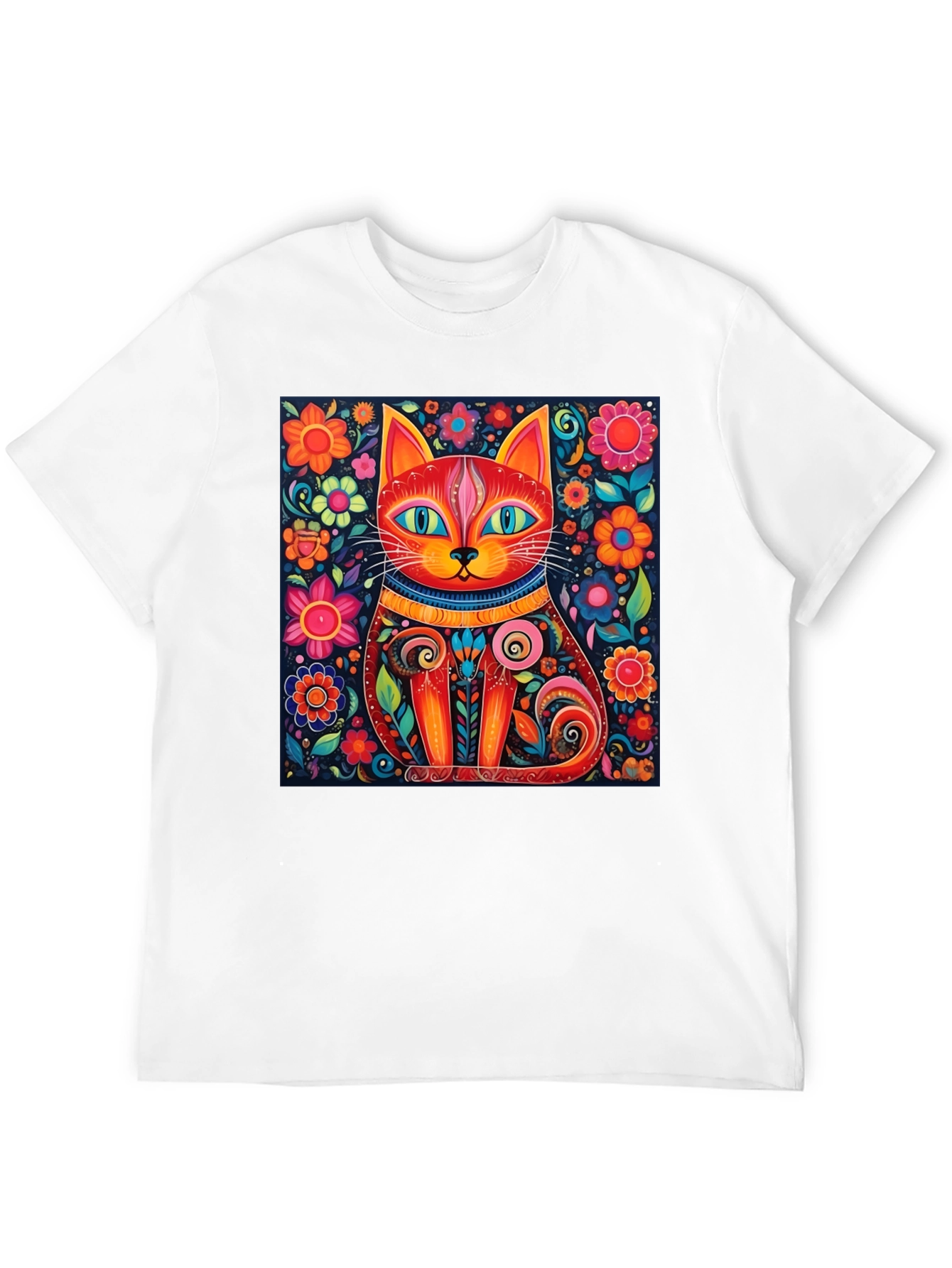 Black Colorful Cat Art T-Shirt - Whimsical Floral Feline Design view 12
