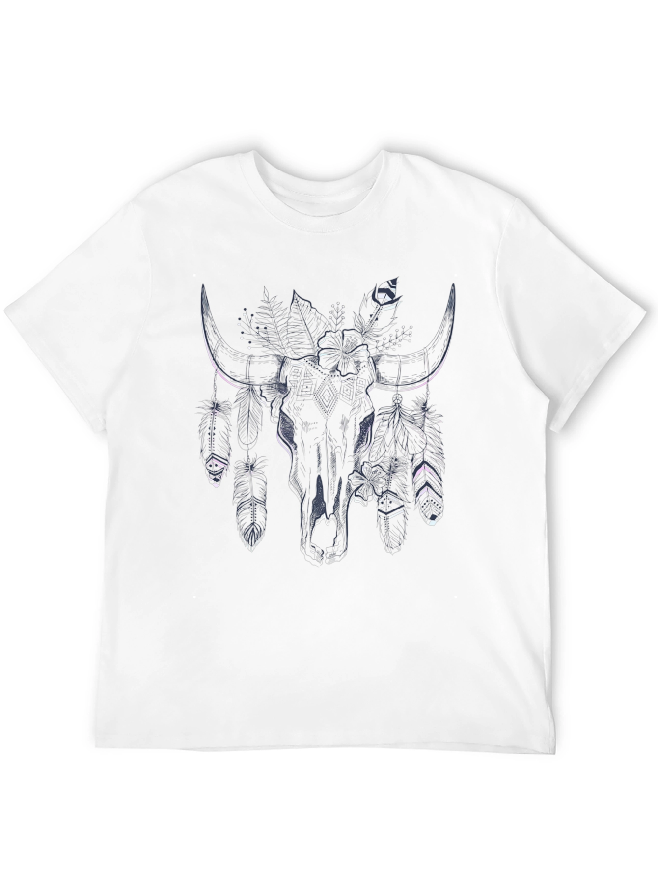 Black Boho Bull Skull Feather Print Black Tee view 12