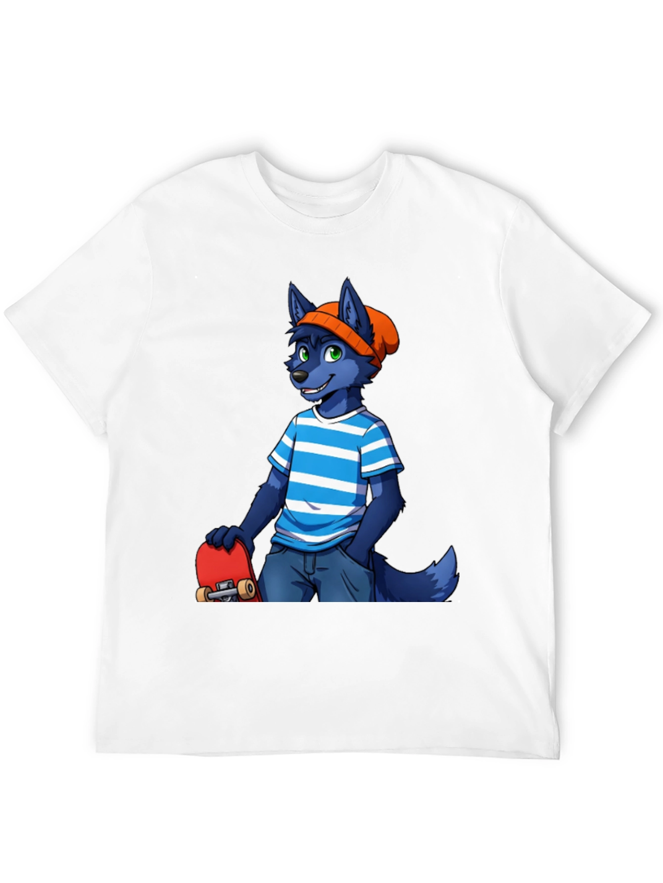 Black Furry Skater T-Shirt - Cool Blue Wolf Design view 12
