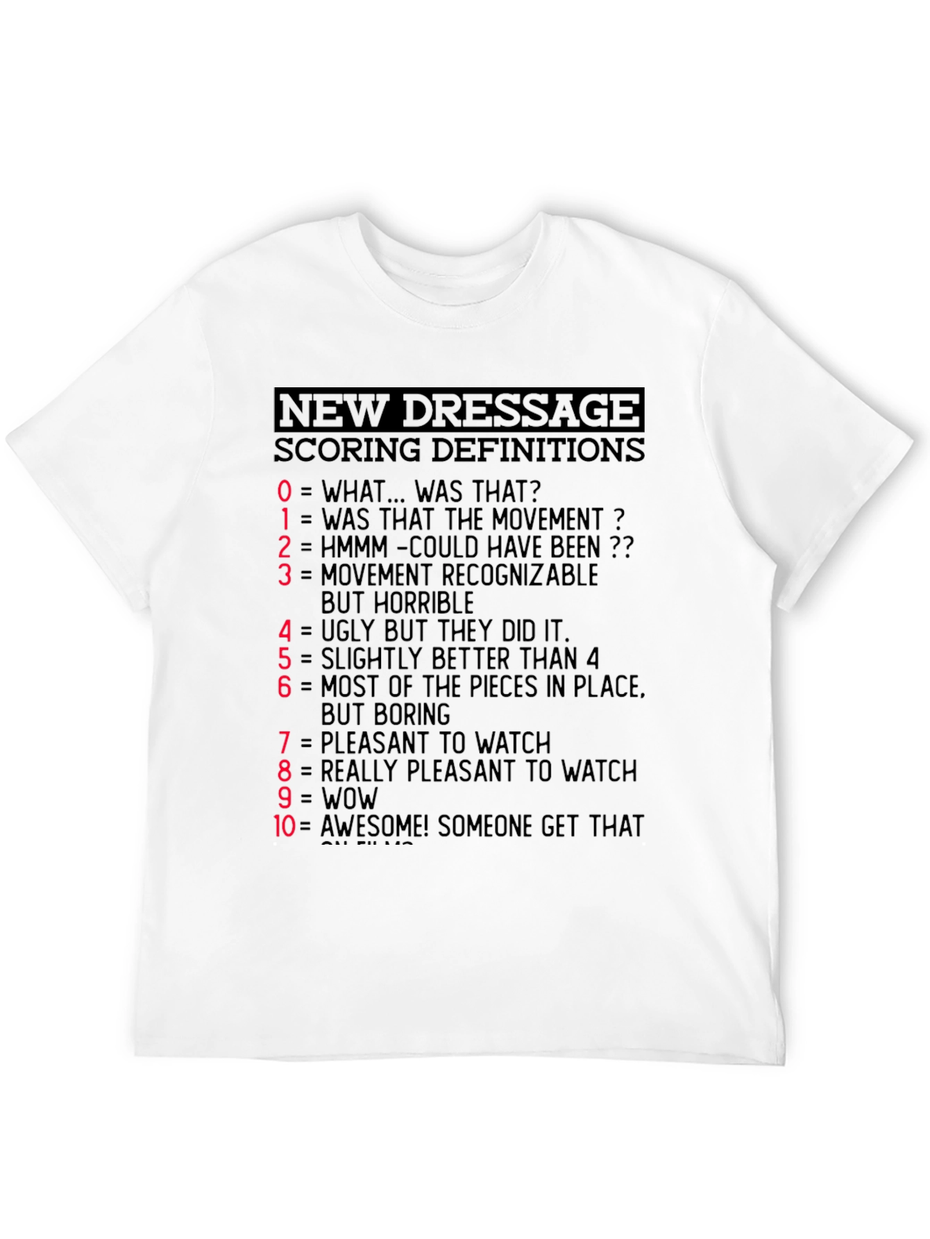Black Dressage Scoring Definitions T-Shirt - Equestrian Humor Tee view 12