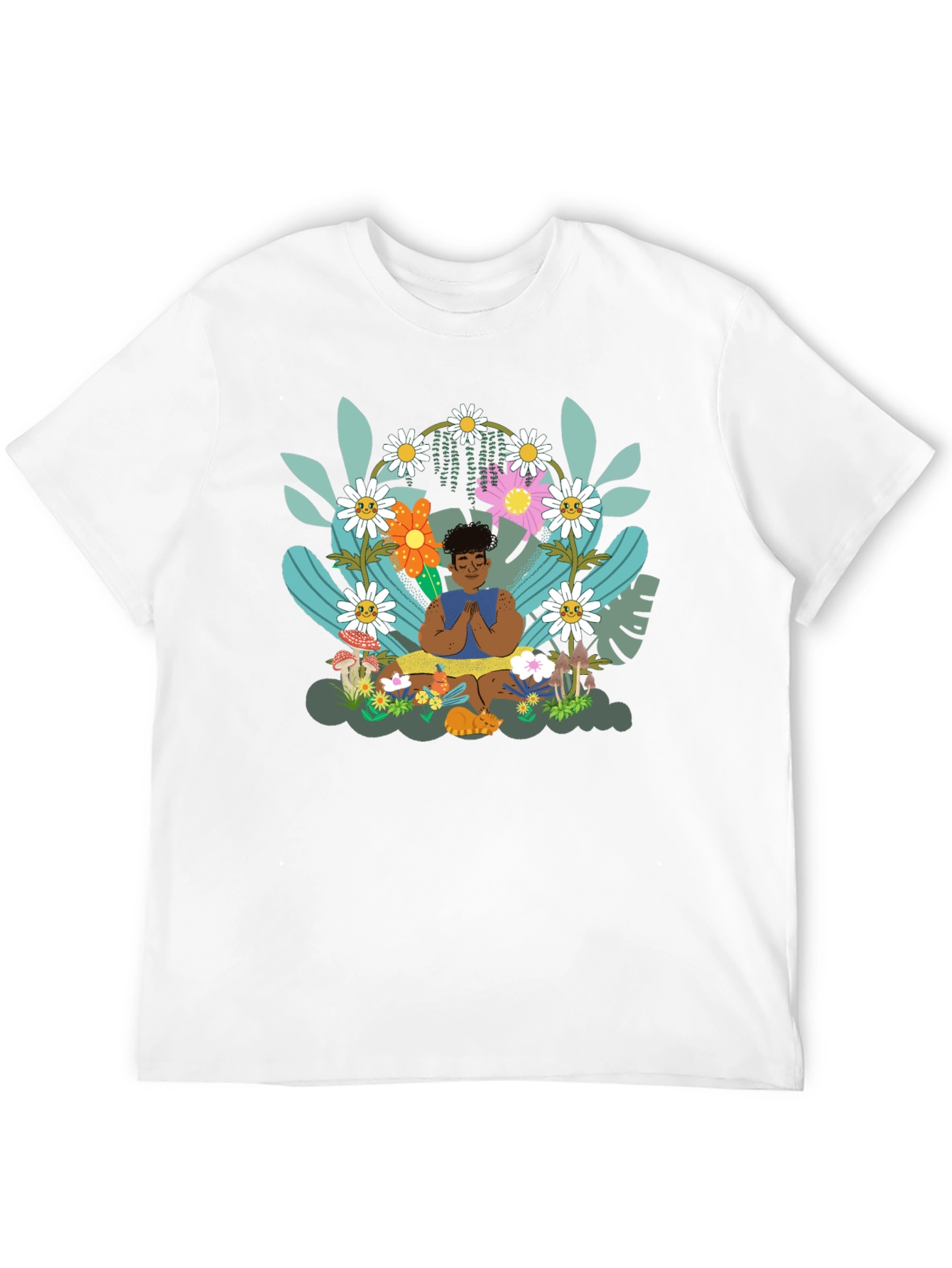 Black Zen Garden T-Shirt - Meditating Figure with Floral Design view 12