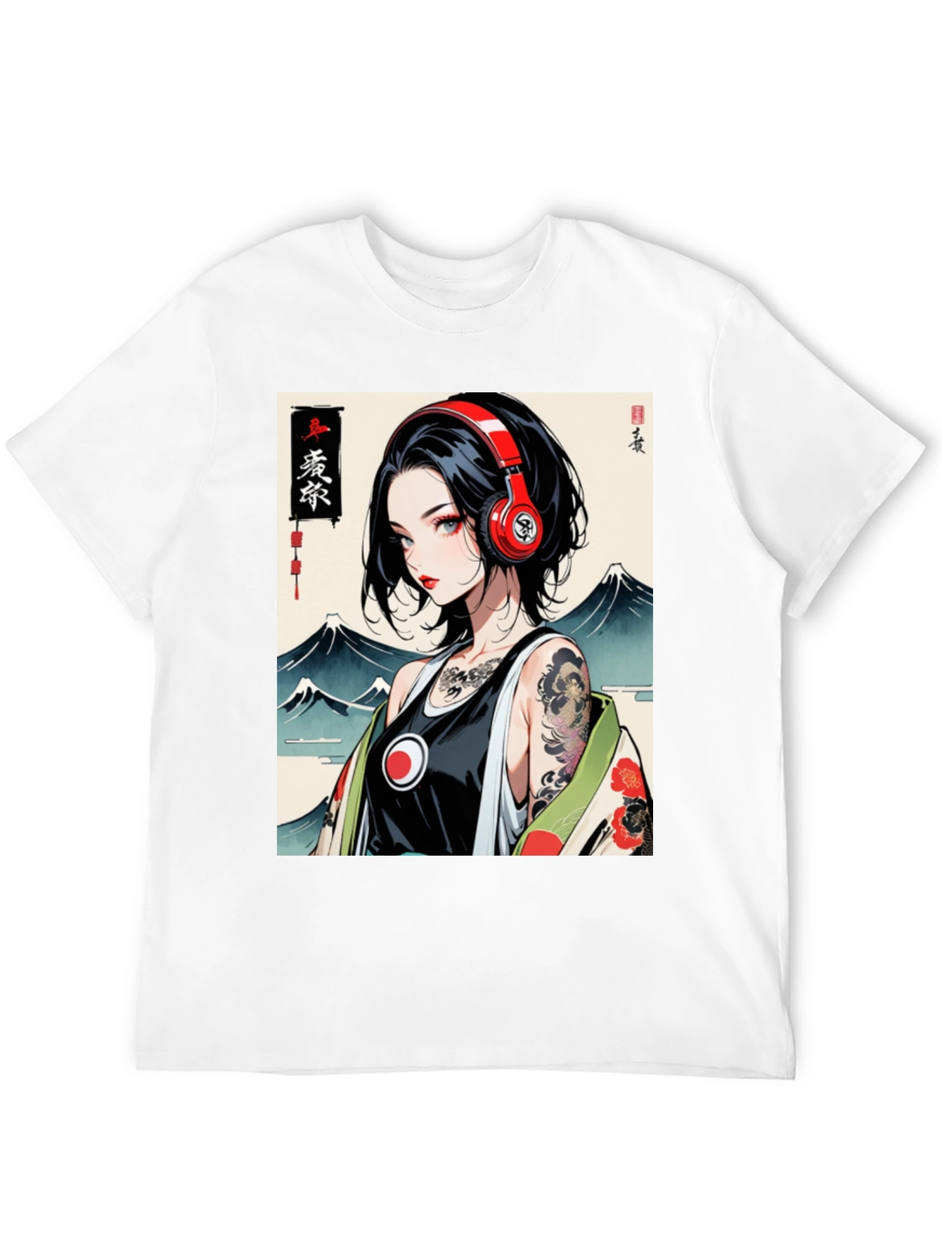 Black Anime Girl Headphones Graphic Black T-Shirt view 12
