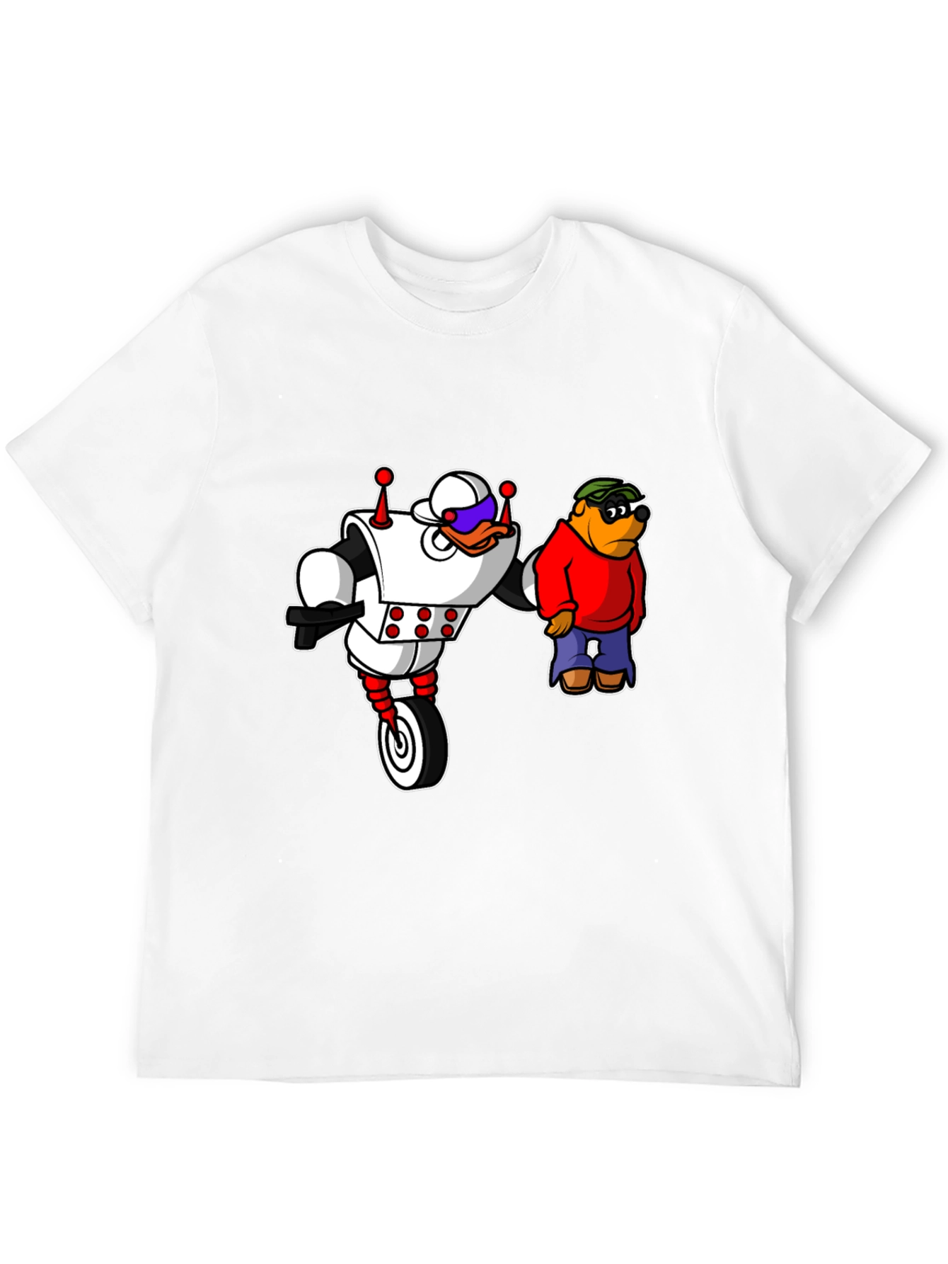 Black Robot Duck and Cartoon Bear Graphic T-Shirt view 12
