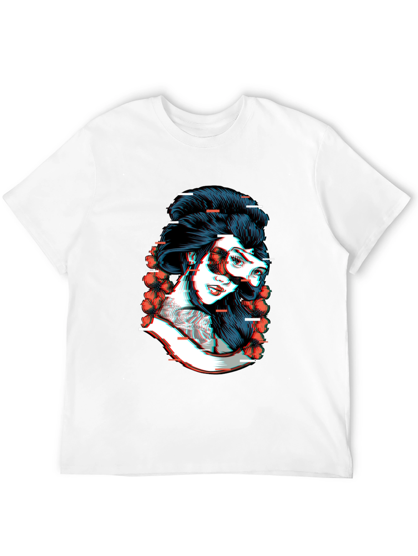 Black Glitch Geisha Graphic Tee - Black Cotton T-Shirt view 12