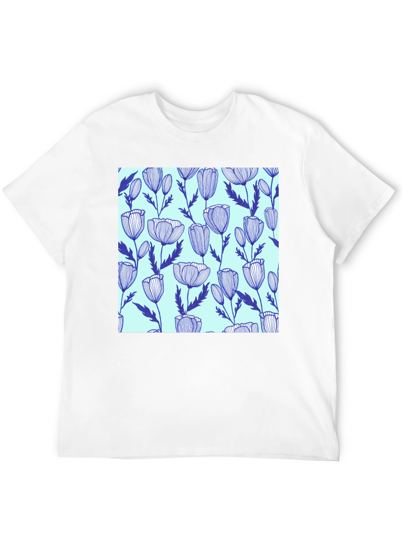 Black Floral Print Men's T-Shirt - Blue Poppies on Mint view 12