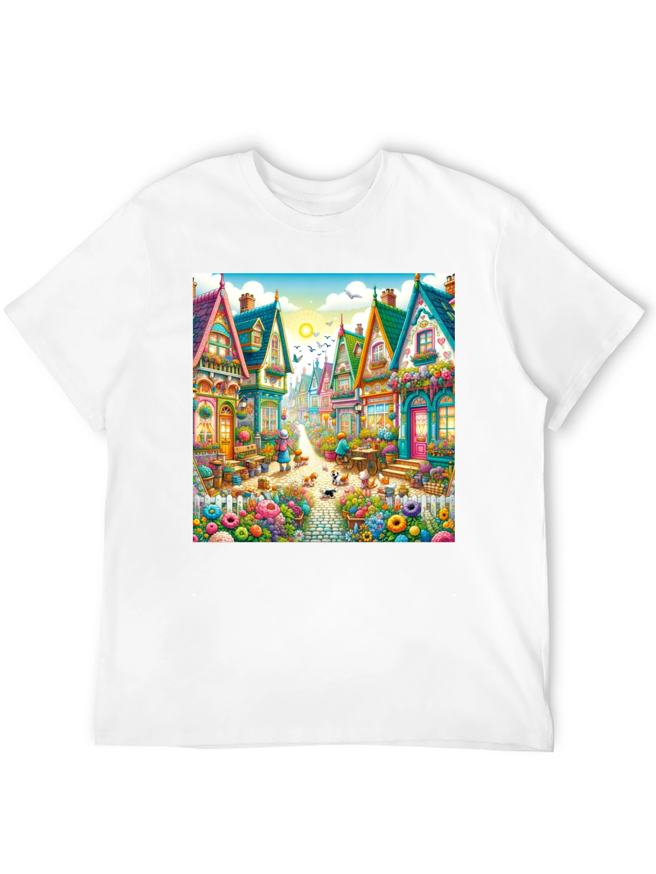 Black Whimsical Village T-Shirt - Colorful Town Design view 12