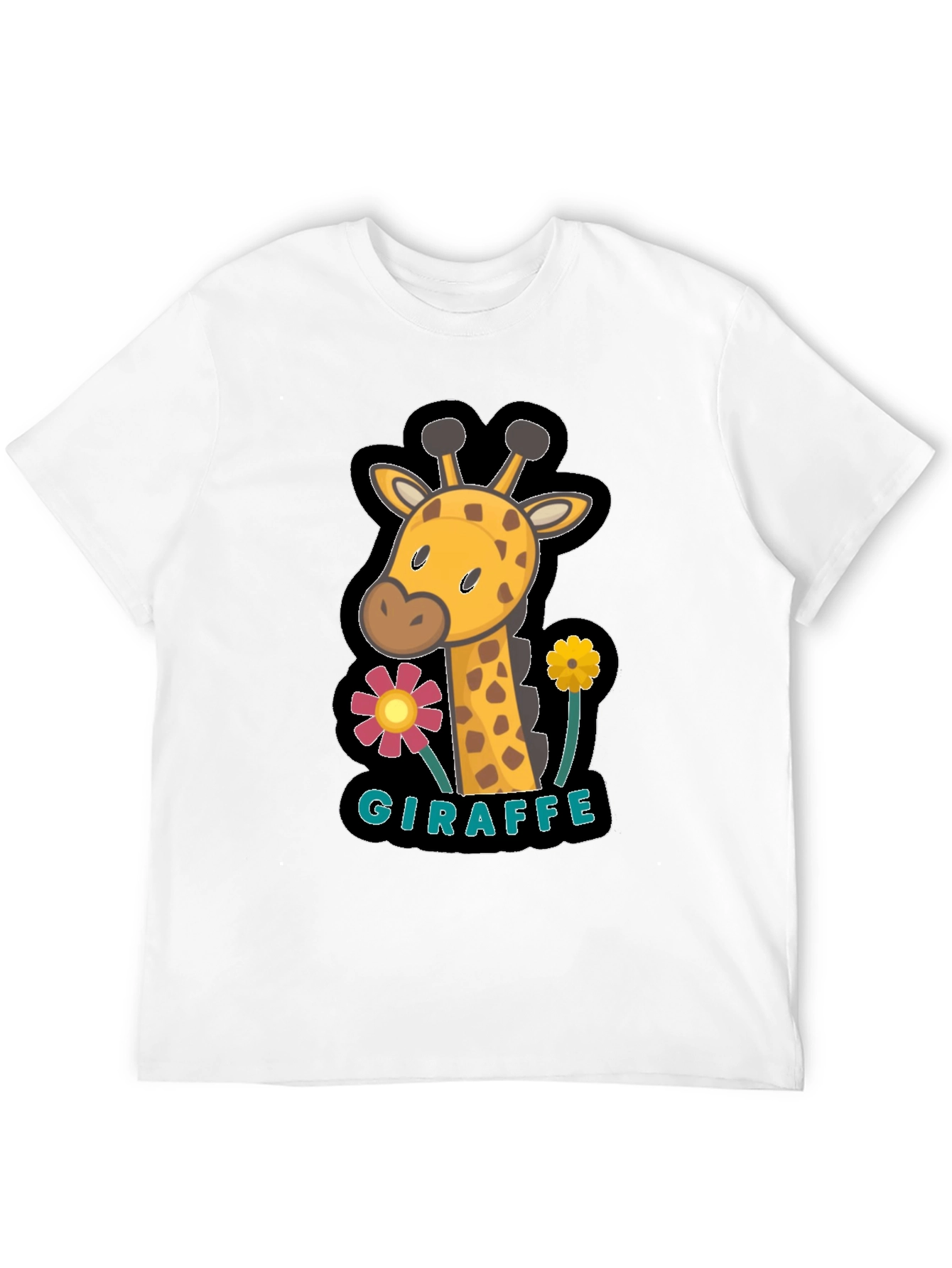 Black Cute Giraffe Flower Graphic Black T-Shirt view 12