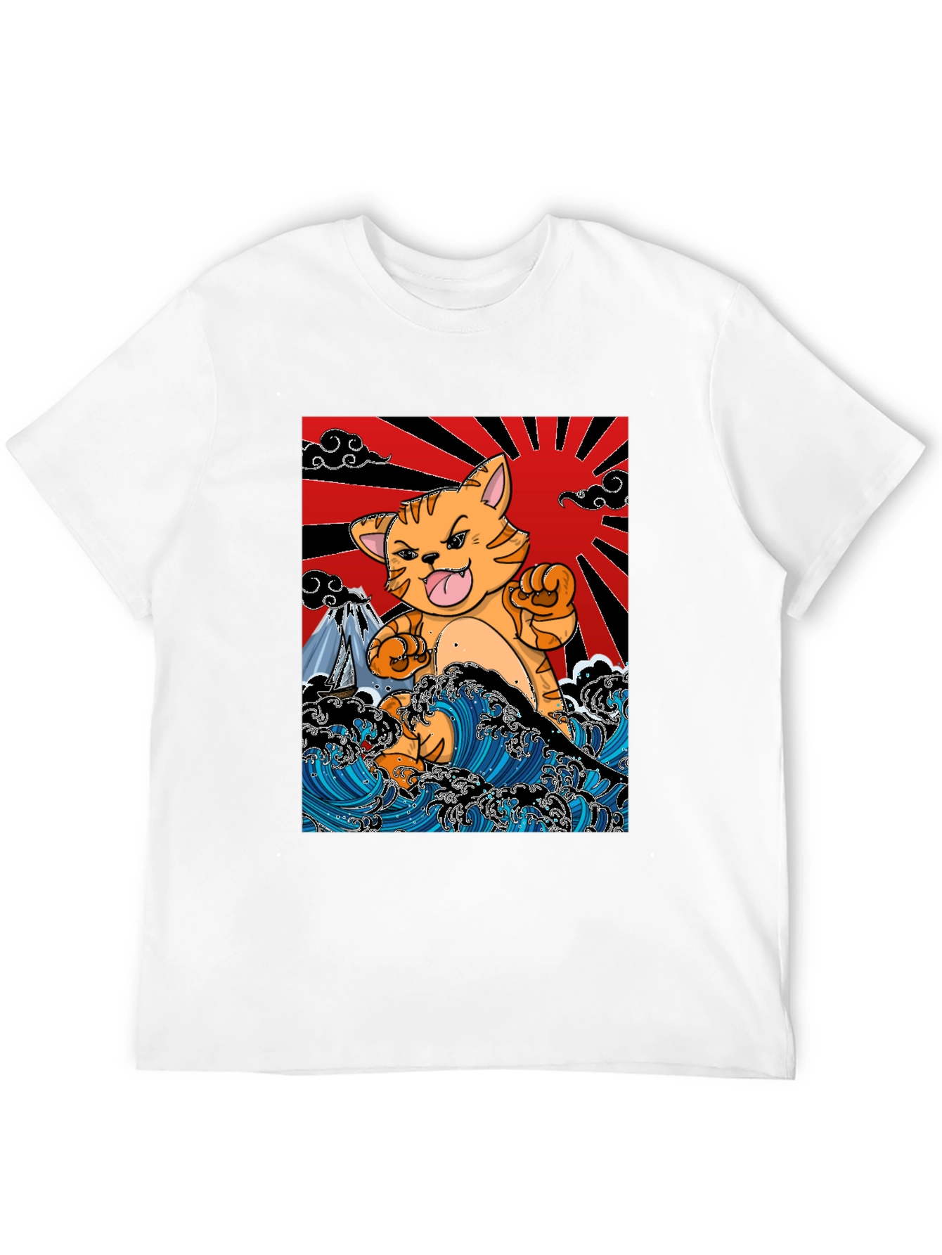 Black Japanese Cat Wave T-Shirt - Fun Graphic Tee view 12