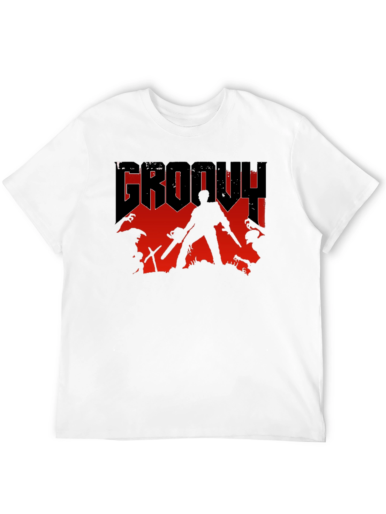 Black Groovy Horror T-Shirt - Chainsaw & Boomstick Design view 12