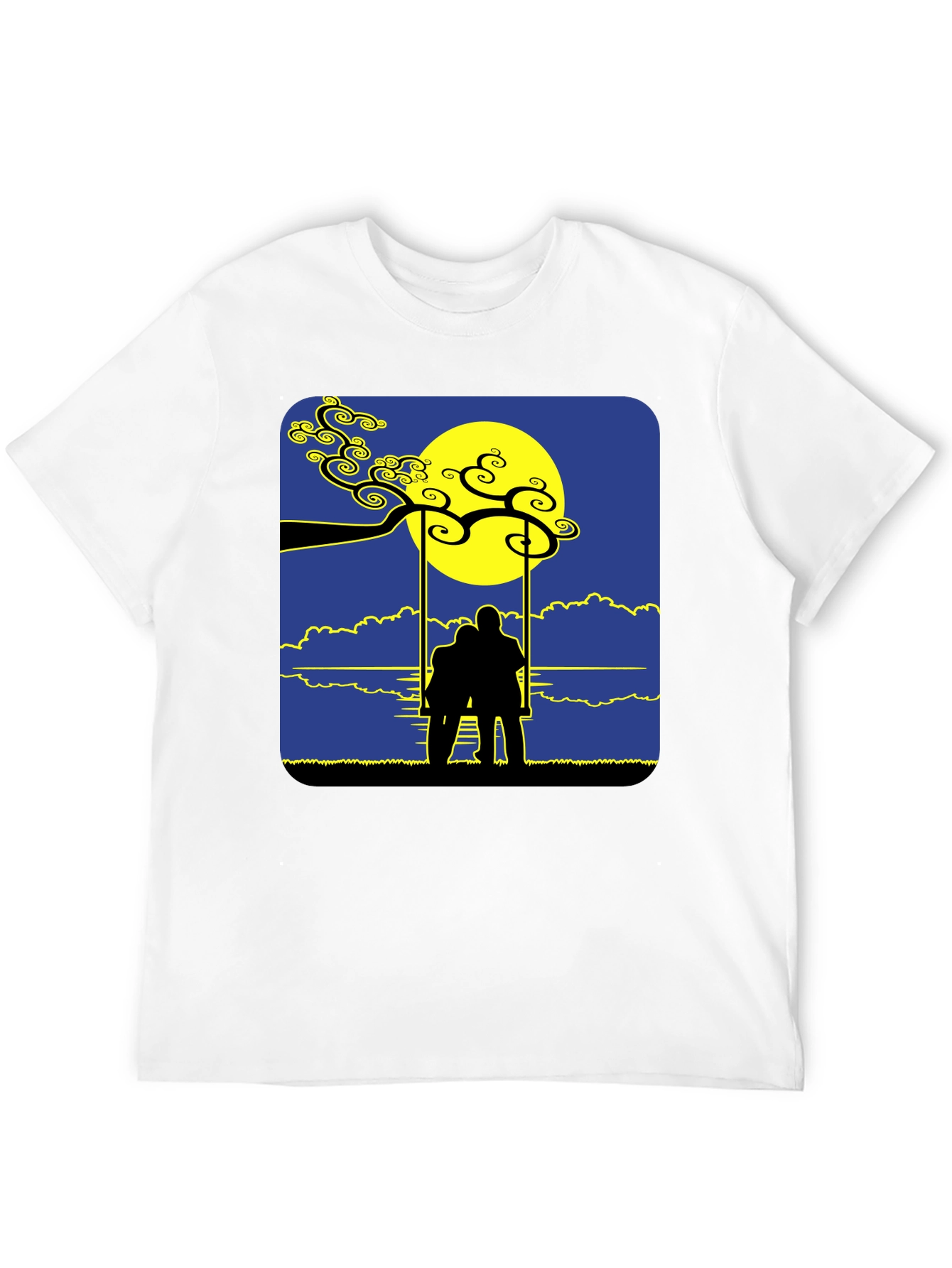 Black Romantic Silhouette Tee: Lovers on a Swing at Moonrise view 12