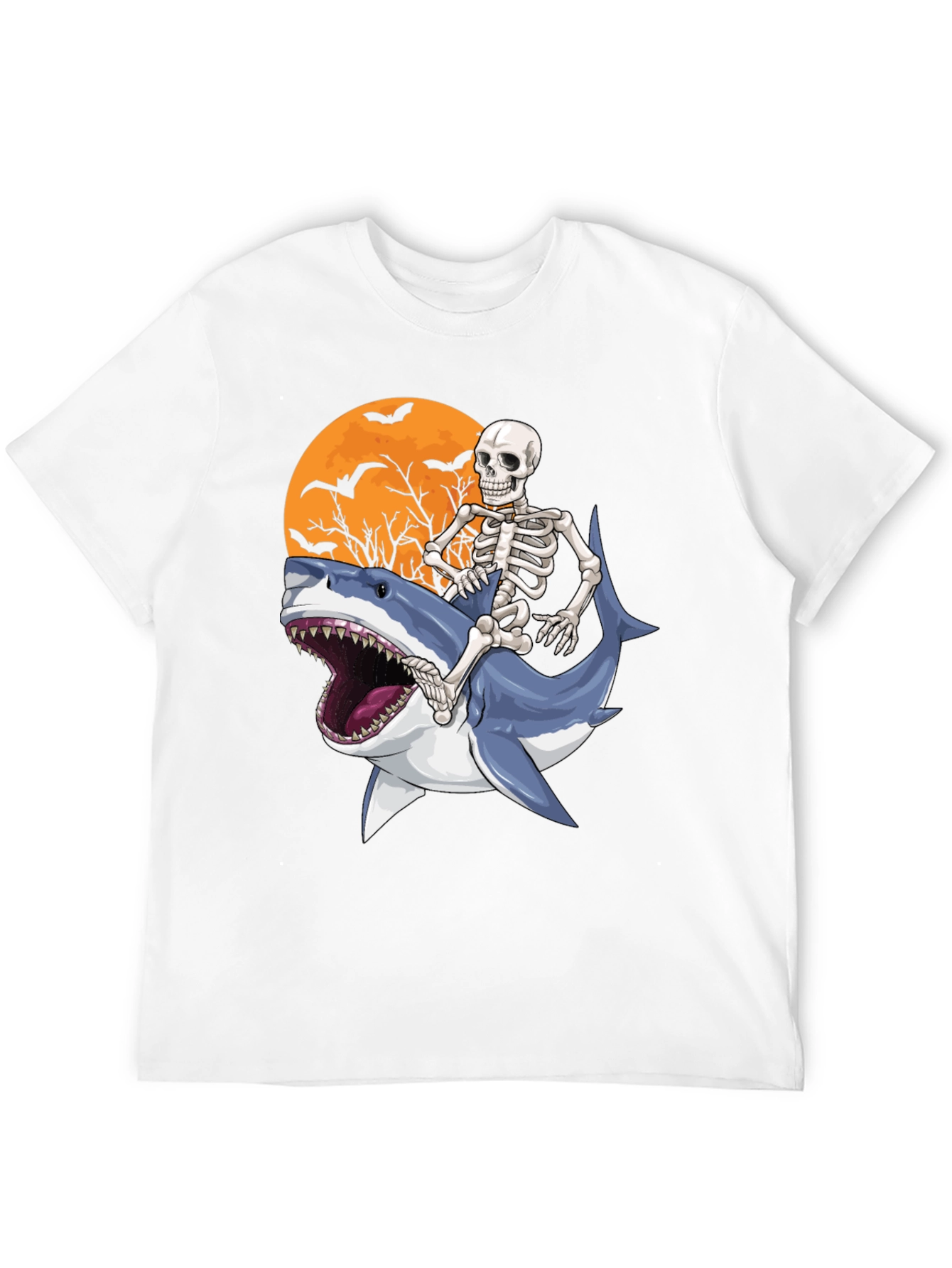 Black Skeleton Riding Shark Graphic T-Shirt - Halloween Style view 12