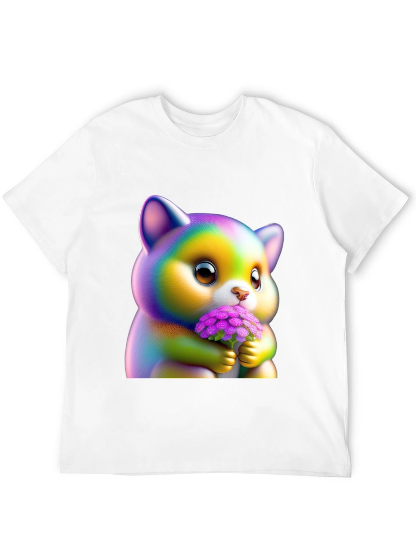 Black Cute Rainbow Kitten Holding Flowers Graphic Tee view 12