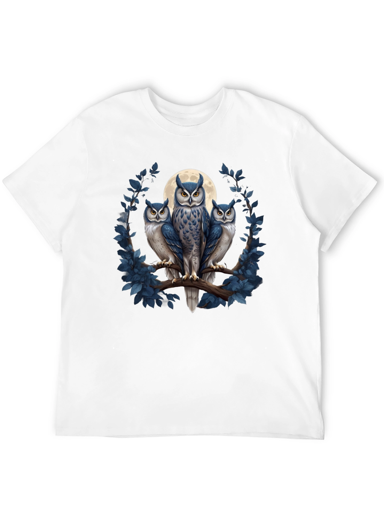 Black Owl Trio Graphic Tee - Moonlit Birds on Branch T-Shirt view 12