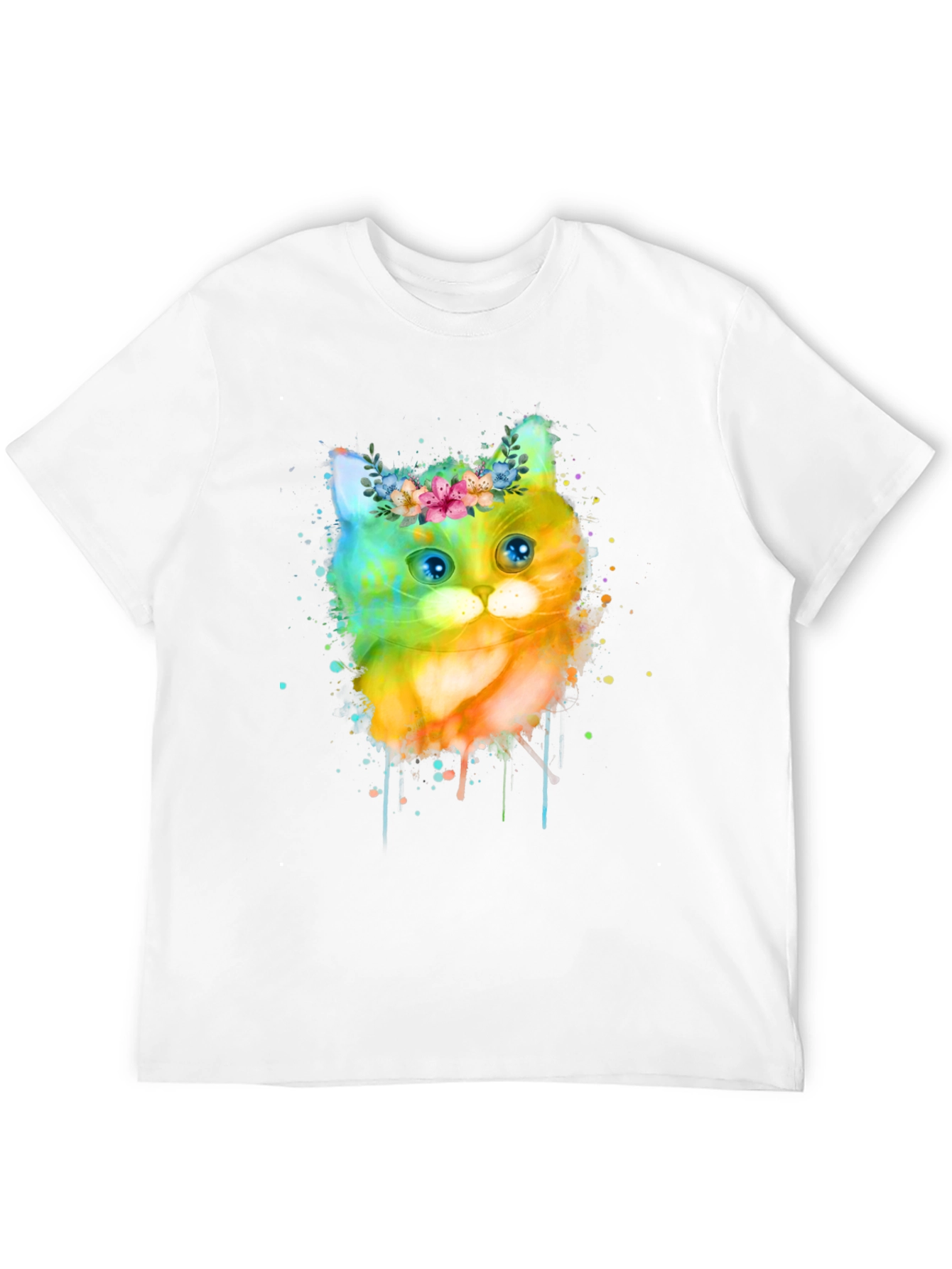 Black Watercolor Cat T-Shirt - Floral Crown Kitten Tee view 12