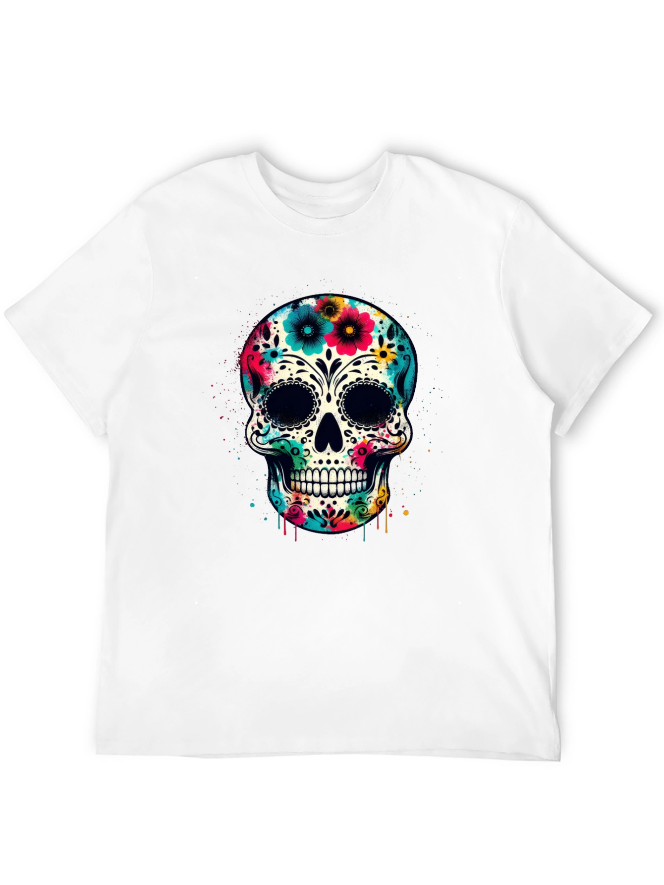 Black Floral Sugar Skull Graphic Tee - Day of the Dead Style view 12