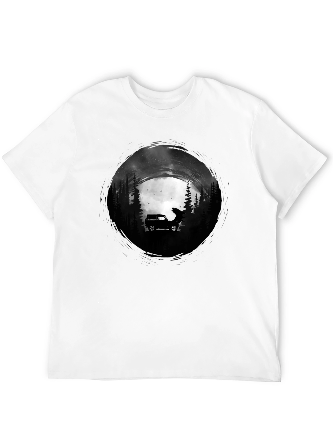 Black Men's Black T-Shirt with Car and Wolf Design view 12