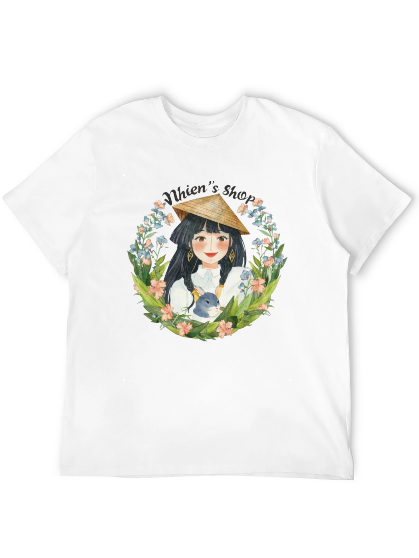 Black Whimsical Girl with Rabbit Black T-Shirt view 12