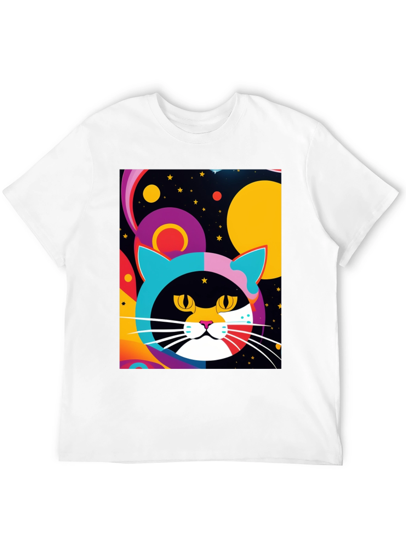 Black Psychedelic Cat T-Shirt - Colorful Retro Design view 12