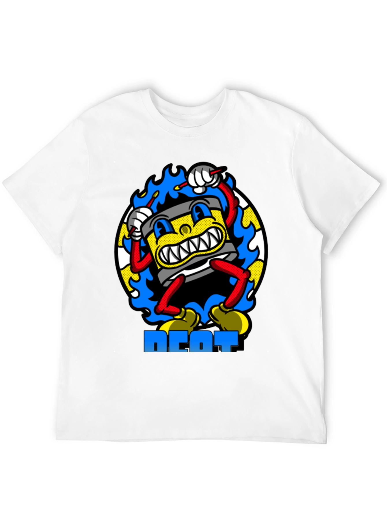 Black Retro Cartoon Drum Beat T-Shirt - Black Cotton view 12