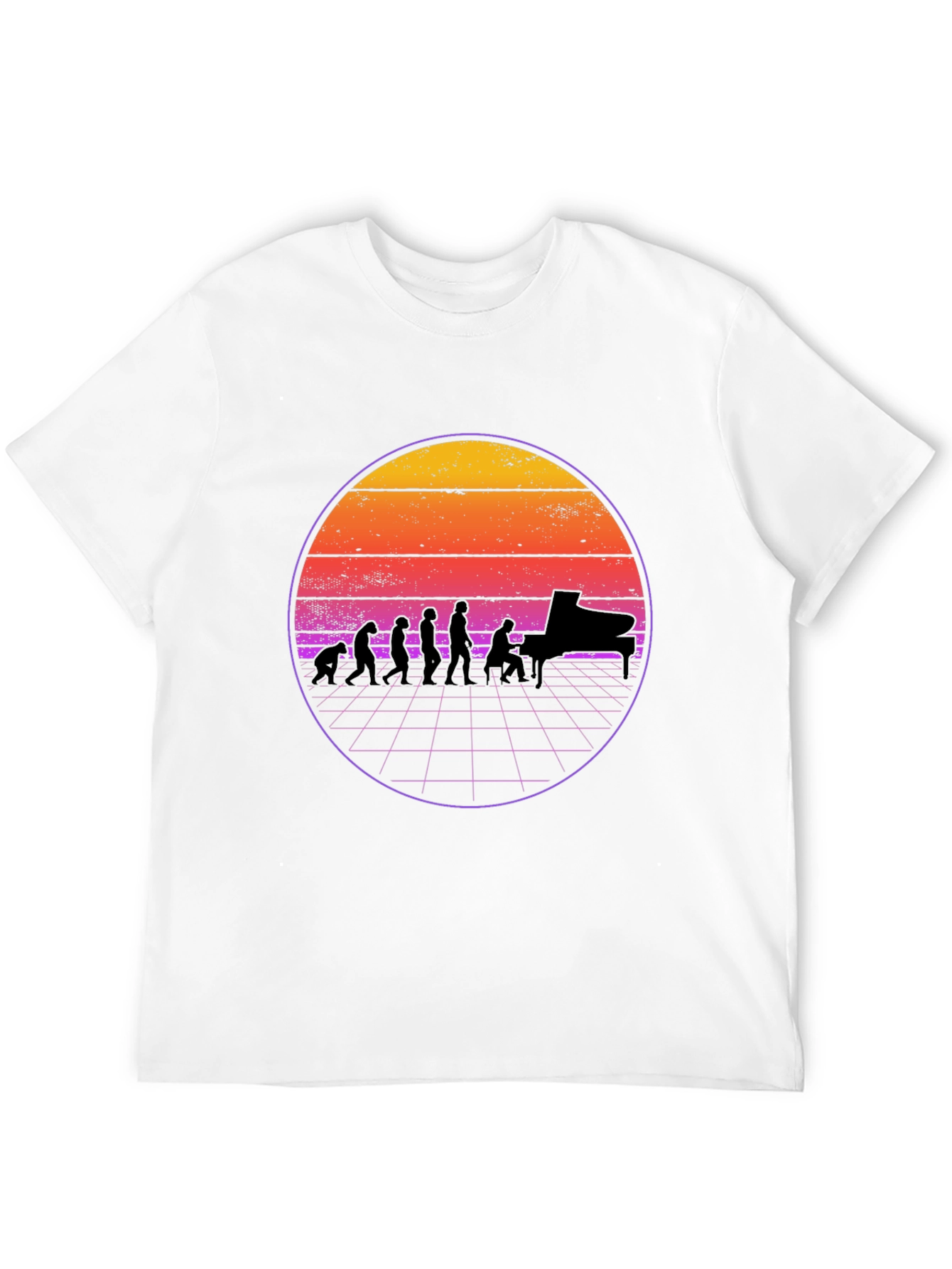 Black Piano Evolution T-Shirt - Retro Sunset Design view 12