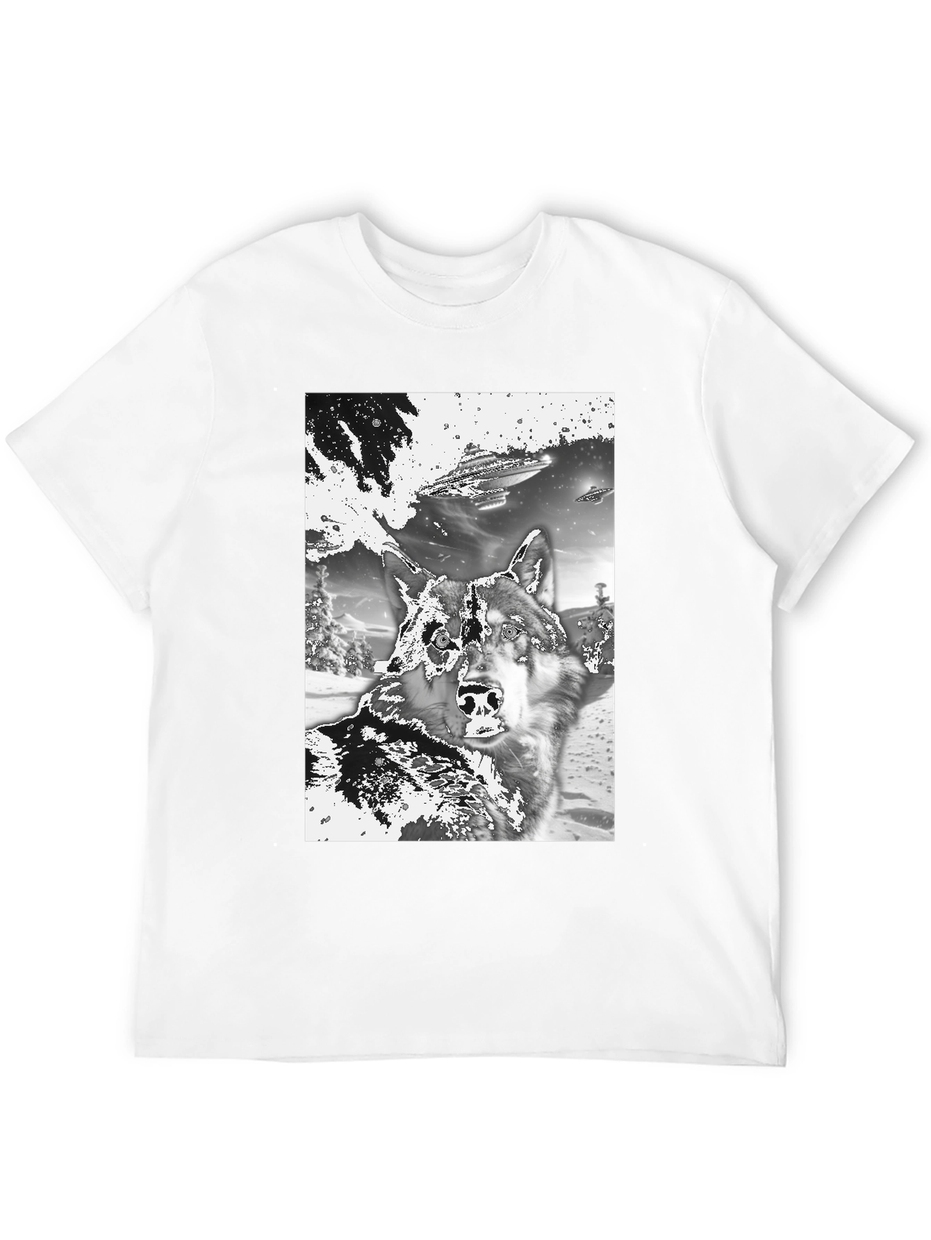 Black Wolf & UFO Graphic T-Shirt - Black Crew Neck Tee view 12