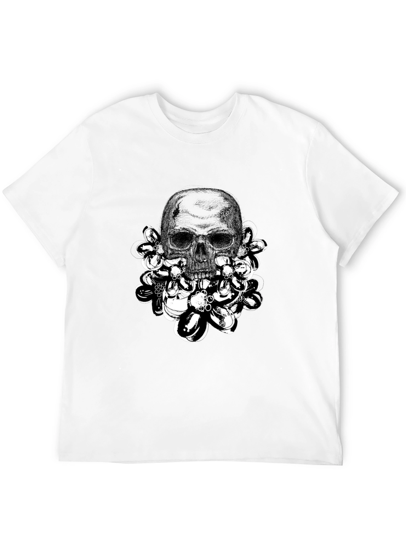 Black Skull & Flowers Graphic Tee - Edgy Black Cotton T-Shirt view 12