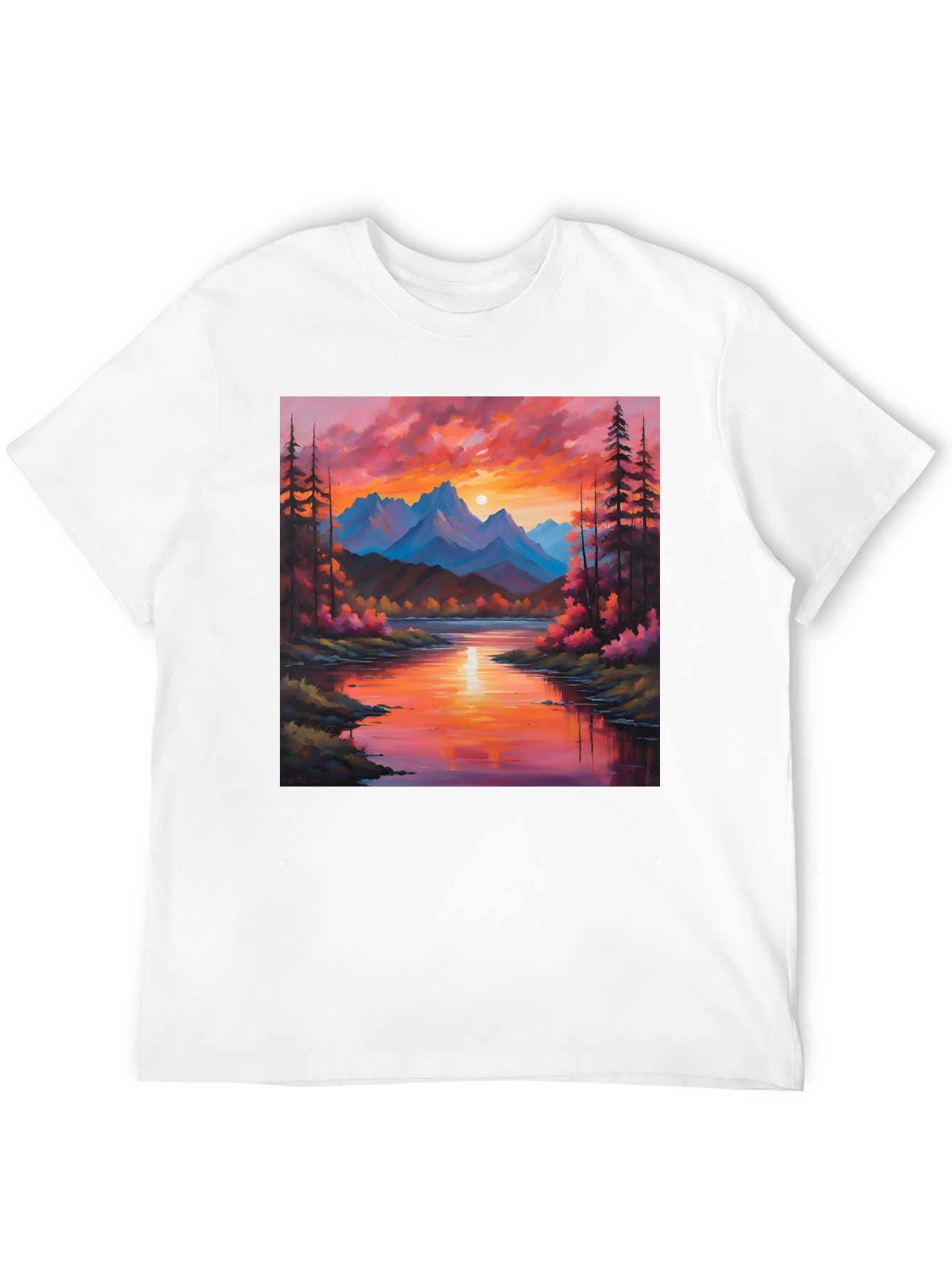Black Sunset Mountain River Painting Graphic Tee view 12