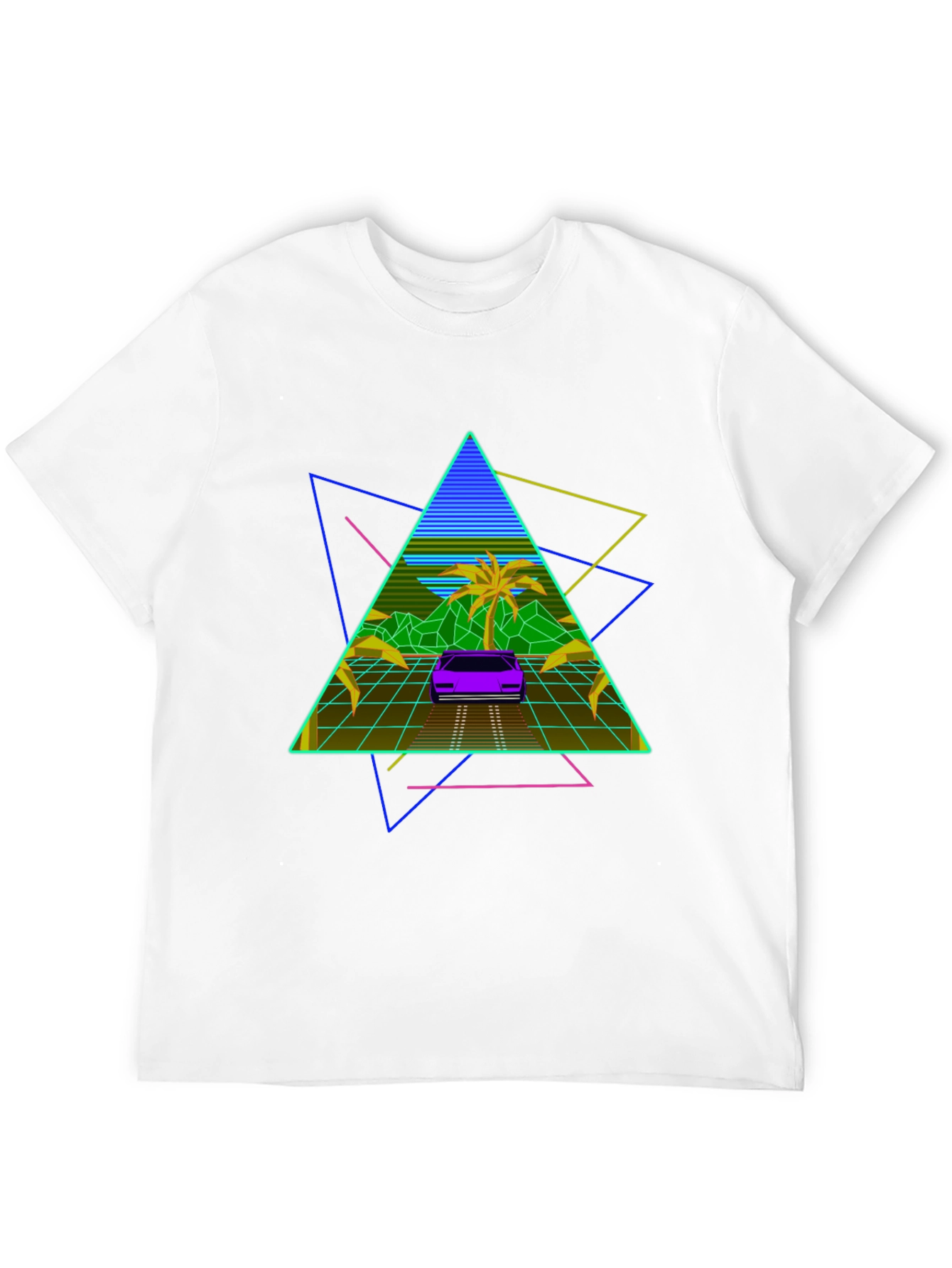 Black Retro Wave T-Shirt: 80s Style Car & Triangle Design view 12