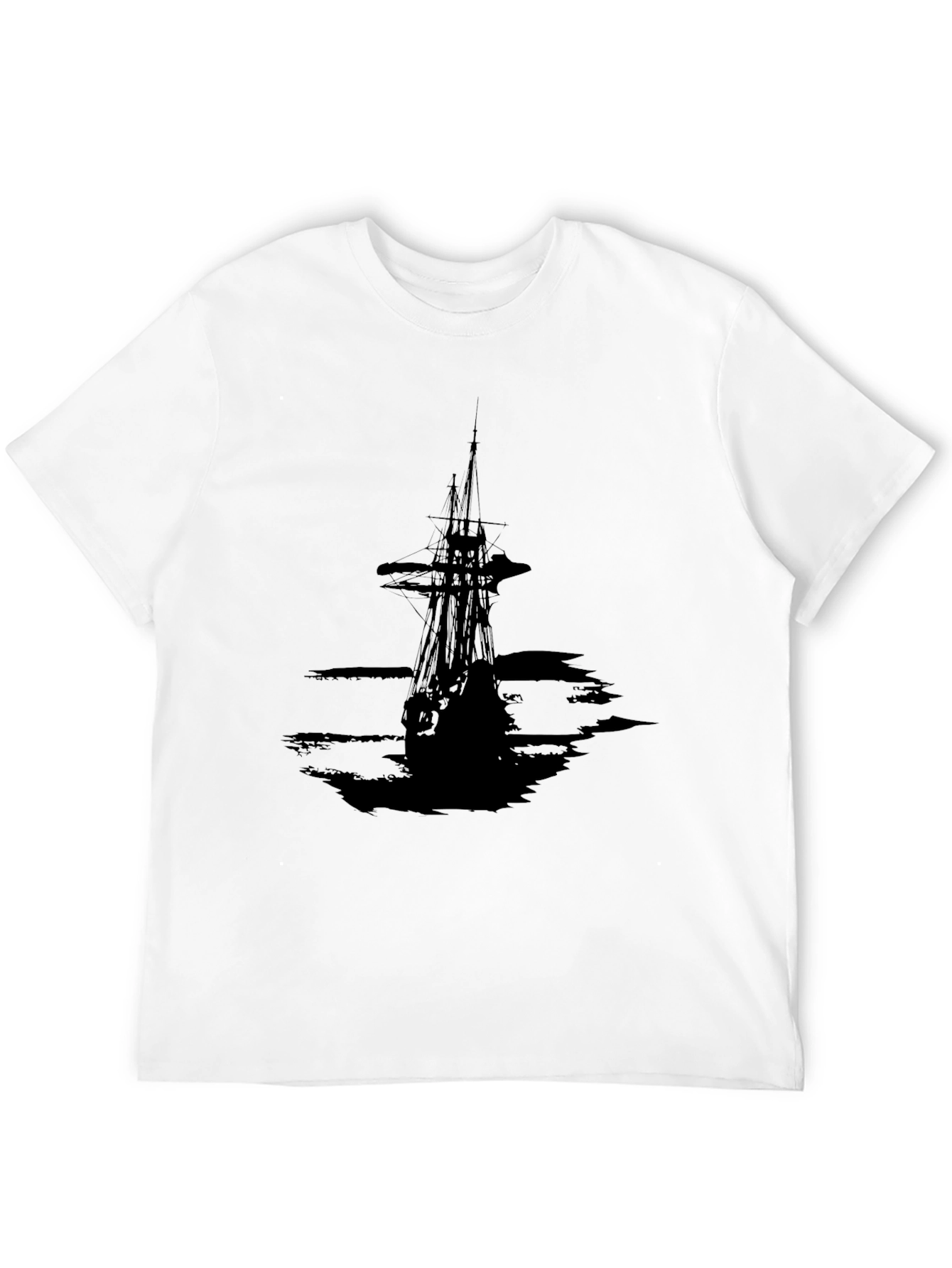Men's Black T-Shirt with Pirate Ship Graphic - 12