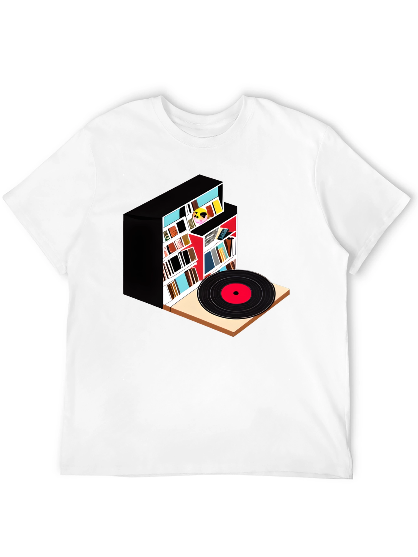 Black Bookcase and Vinyl Record T-Shirt view 12