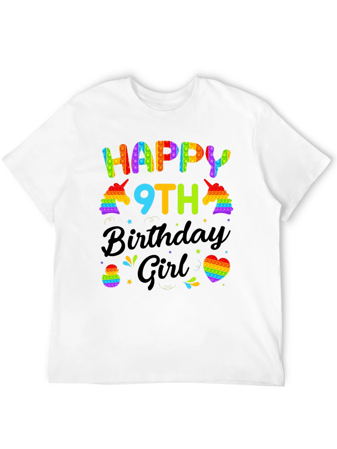 Black Happy 9th Birthday Girl T-Shirt - Pop It Unicorn view 12