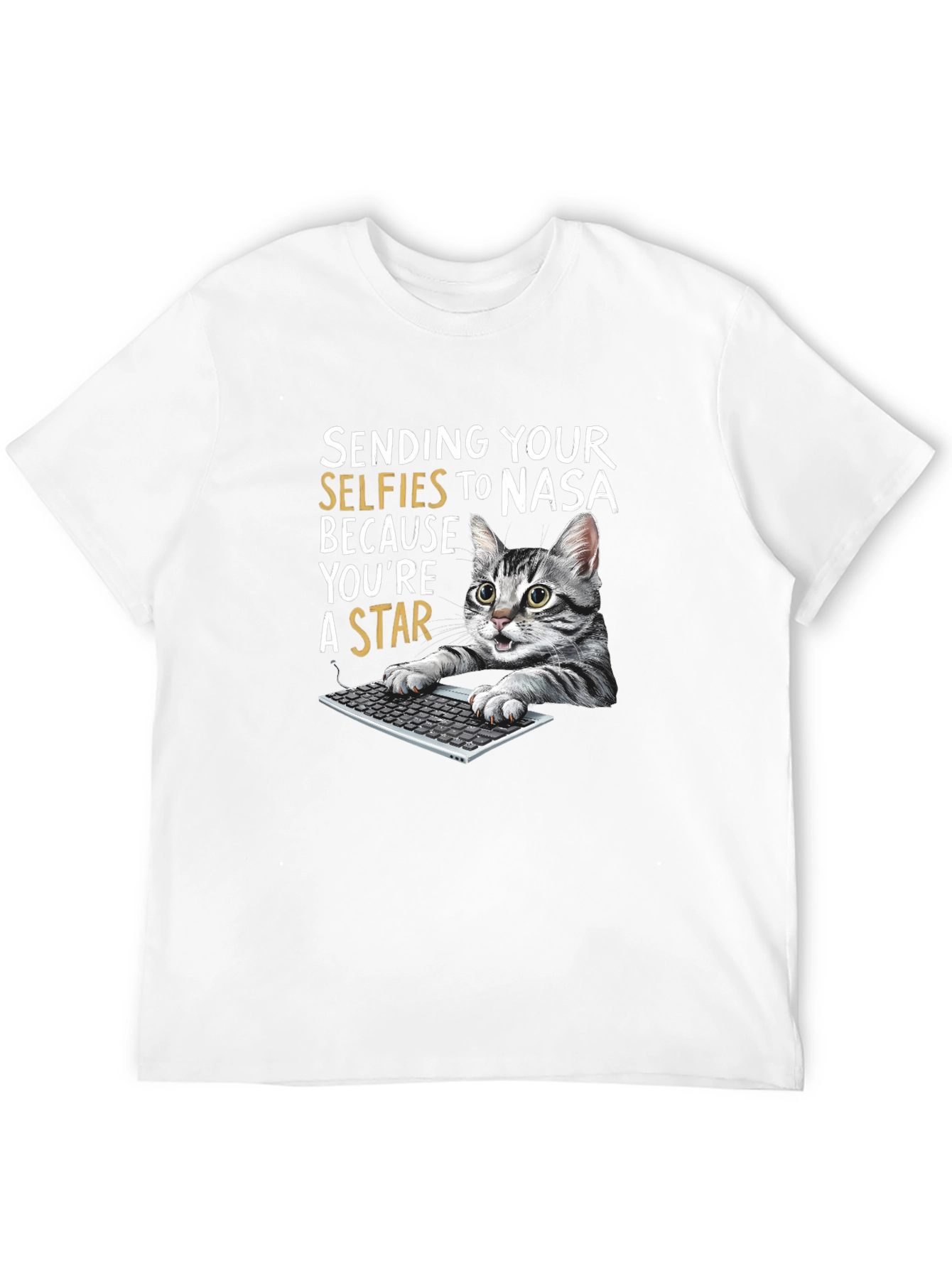 Black Funny Cat T-Shirt - Sending Selfies to NASA view 12